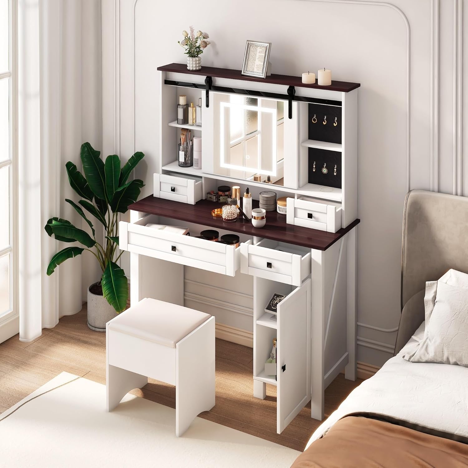Farmhouse Vanity with Mirror and Light, 41.73” Wide, Vanity with 4 Drawers and 1 Cabinet