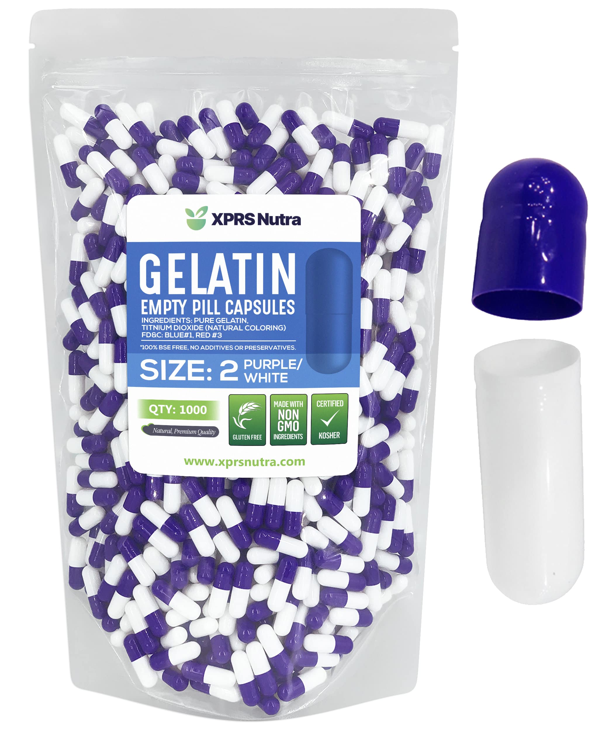 XPRS Nutra Size 2 Empty Capsules - 1000 Count Empty Gelatin Capsules - Pills DIY Capsule Filling - Pure Bovine Pill Gel Caps for Do-It-Yourself Supplements (Purple/White) 1000 Count (Pack of 1) Purple / White