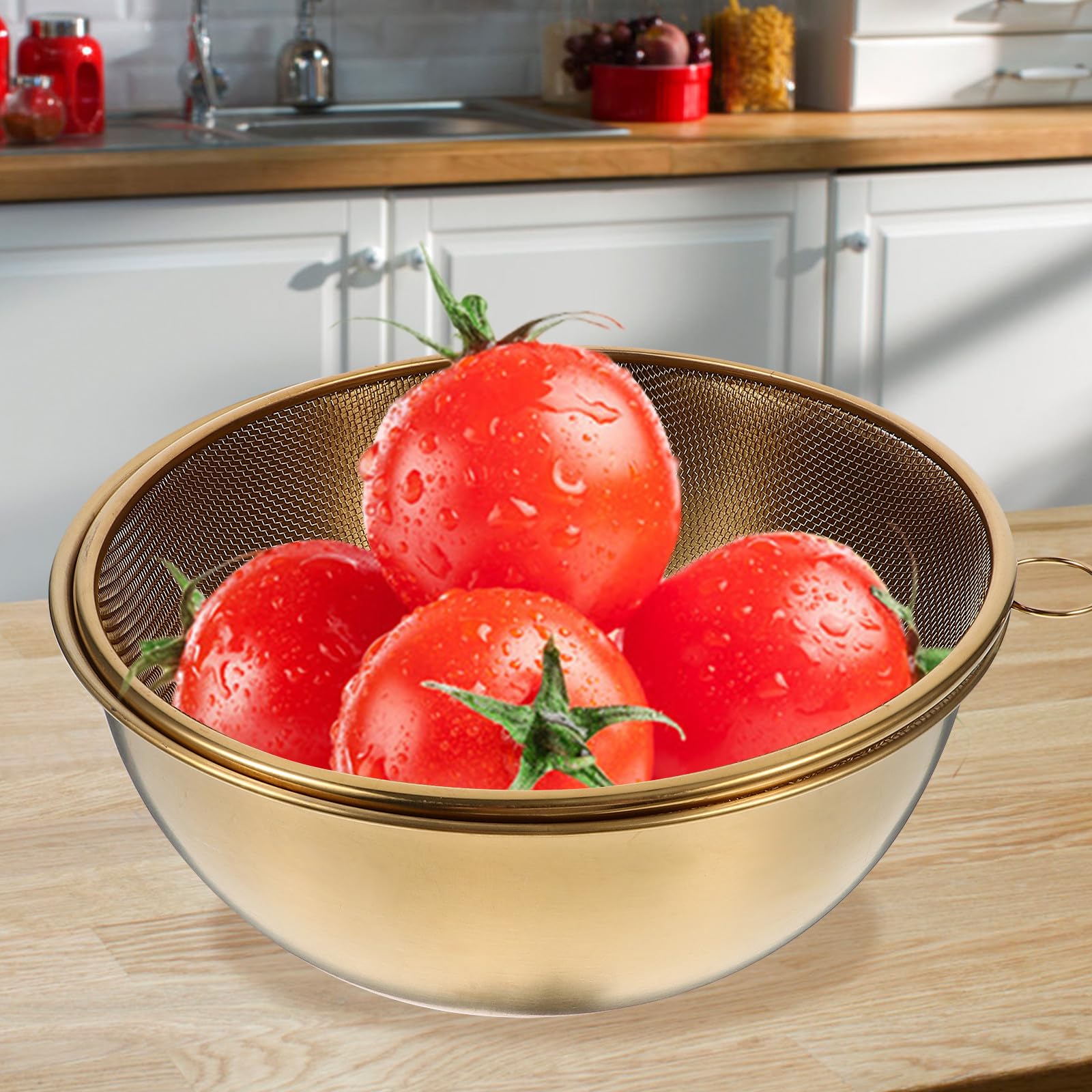OSALADI Passoire à Riz Inox 22 Cm Dorée à Mailles Fines Bol Mélangeur 2 Pièces pour Fruits et Légumes, Égouttoir Solide et Polyvalent, Accessoire la Cuisine Pratique