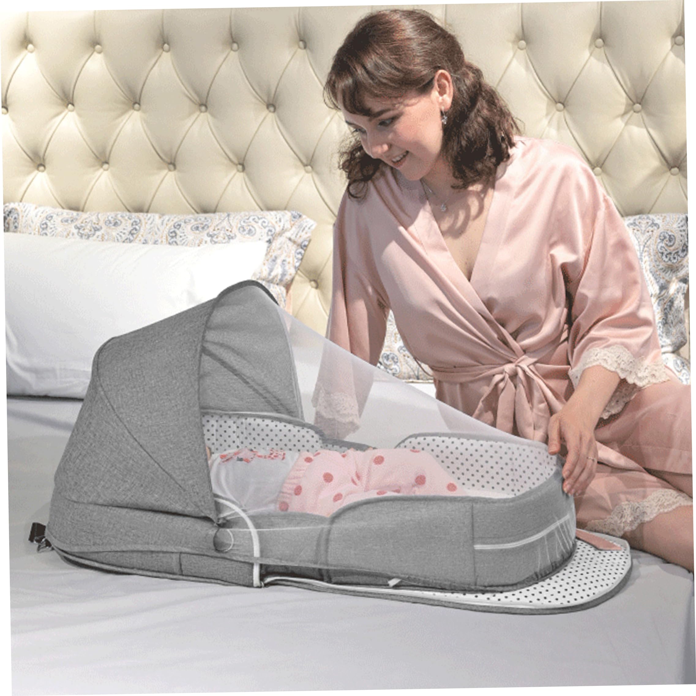 Moisés de viaje plegable portátil para bebé de 0 a 6 meses con dosel y red, moisés para recién nacidos esencial para viajes, cuna para avión, coche, camping, gris
