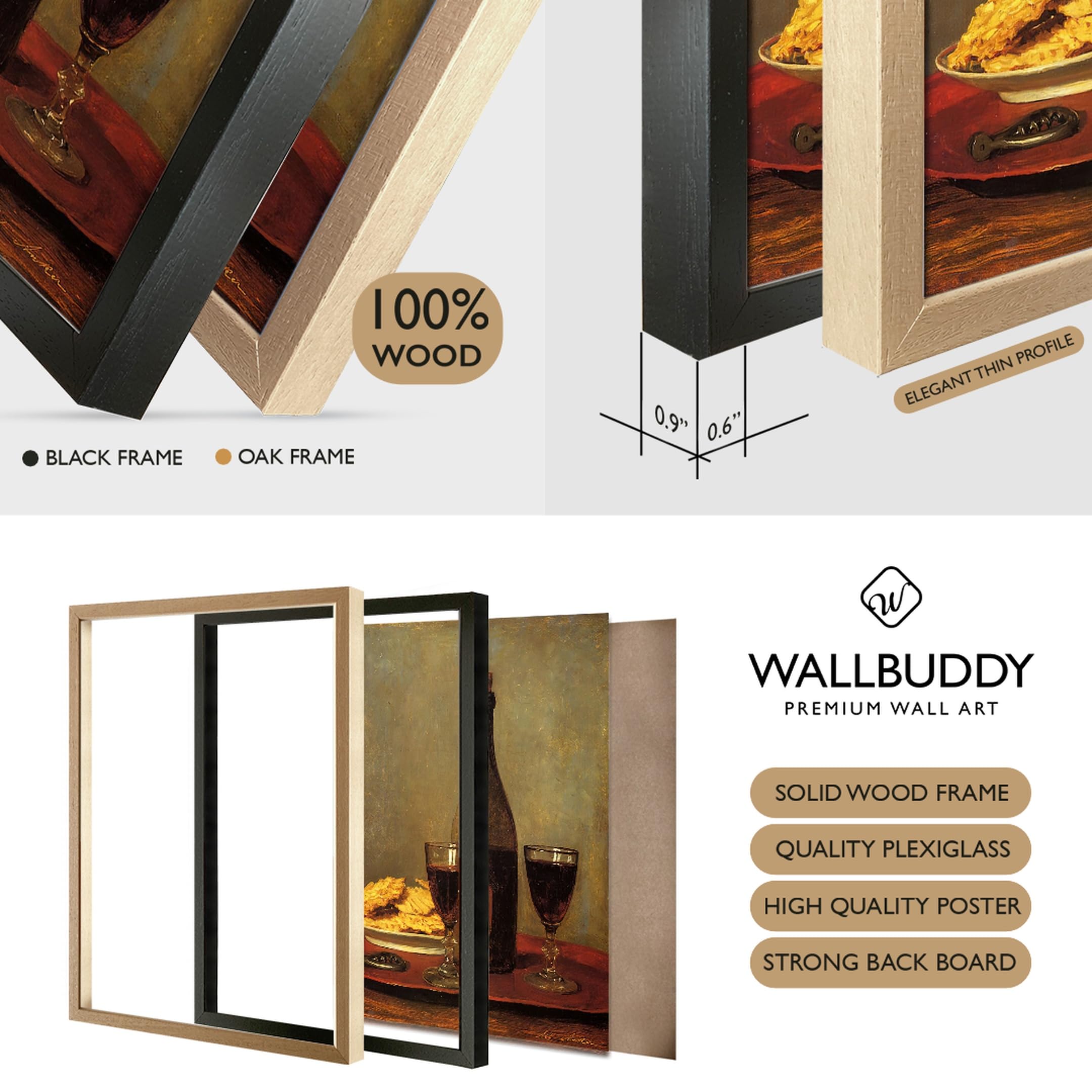 WallBUddy Wein und Cracker Stillleben | Klass (30 x 40 cm, Schwarz gerahmt)