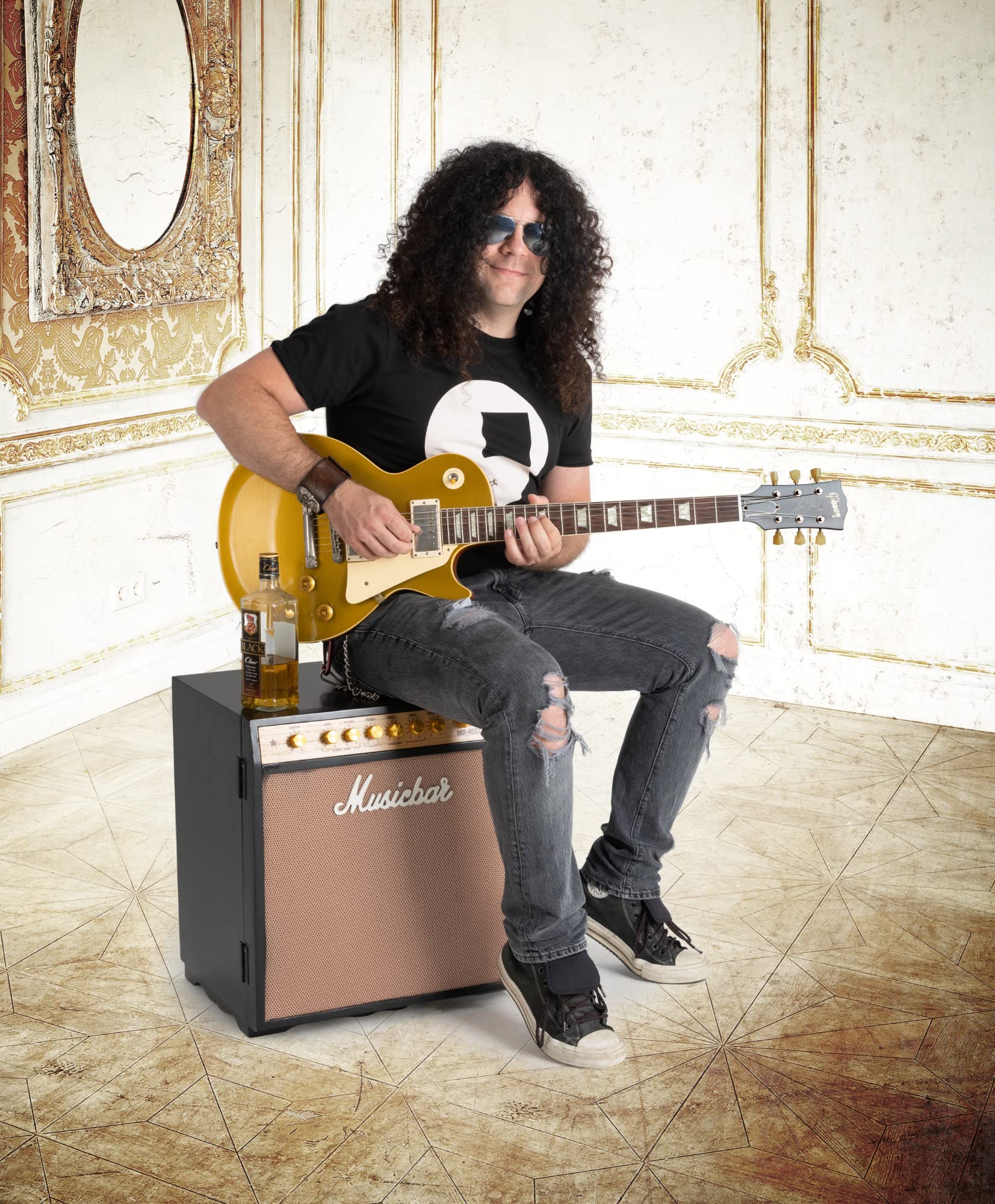 Stagecaptain Musicbar - Mobile in Legno Design Amplificatore Chitarra - Ripiani Estraibili - Cantinetta Vintage Vino o scaffale liquori - Comodino con Spazio Dischi Vinile - Nero