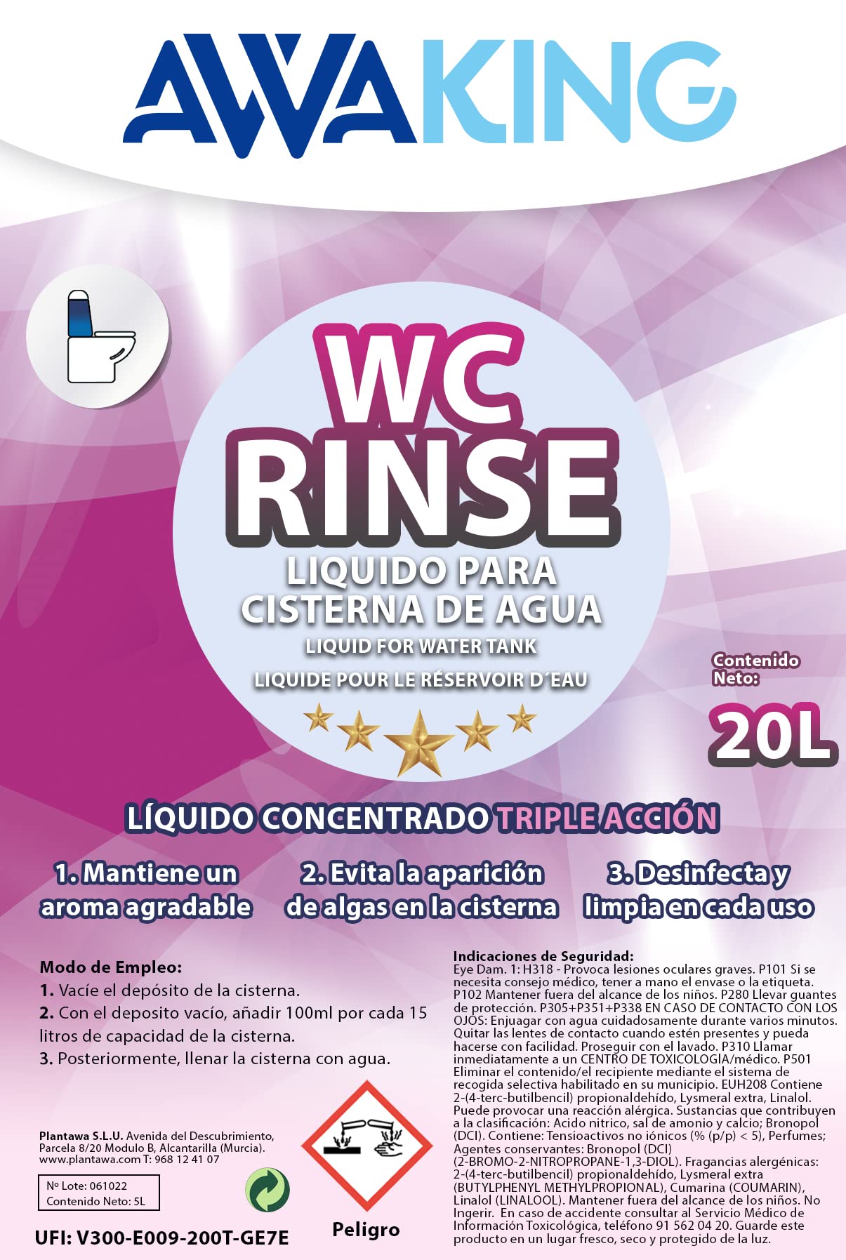 PLANTAWA Líquido WC Químico Rinse AWAKING 20 L, Aditivo Cisterna Aguas Limpias, Higieniza y Limpia la Taza del WC Portátil, Aromatizante