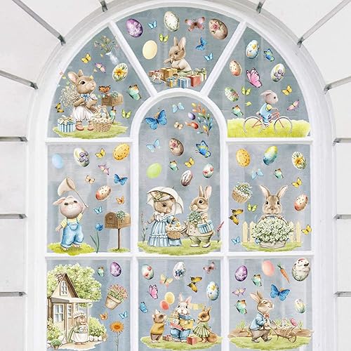 Miniatura 4 de ZASKHLD Calcomanías de Pascua para ventana, diseño de conejo, huevos de pollito, decoración de zanahoria linda, impresión de doble cara, calcomanías