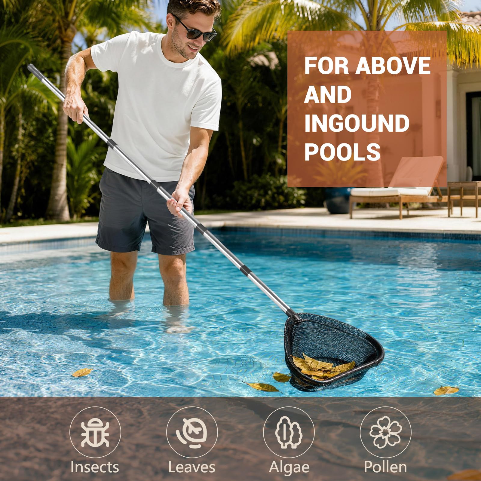 Pool Kescher 180cm mit Teleskopstange, kescher Pool feinmaschig klein,Pool reinigungsset Mit poolbürste für Schwimmbad, Spas,Teich,Whirlpools