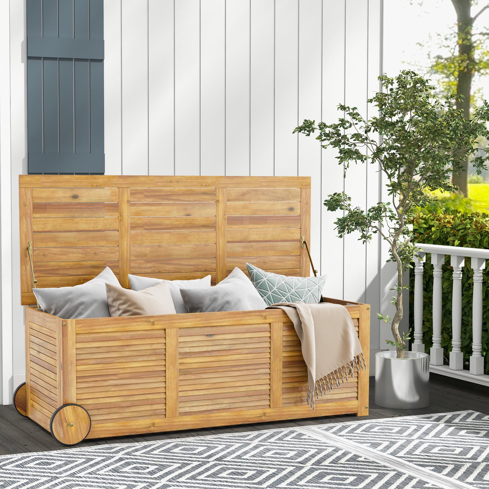 HOMASIS Auflagenbox 182L mit Rollen, Gartenbox aus Akazienholz, Kissenbox mit wasserdichte Innentasche, Gartenbox Gartentruhe mit Griff, Auflagentruhe 150 kg belastbar, Aufbewahrungstruhe Kissentruhe
