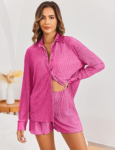 Miniatura 4 de Ekouaer Pleated Sets for Women 2 Piece Lounge Shorts Set Long Sleeve Button Down Shirts Outfits