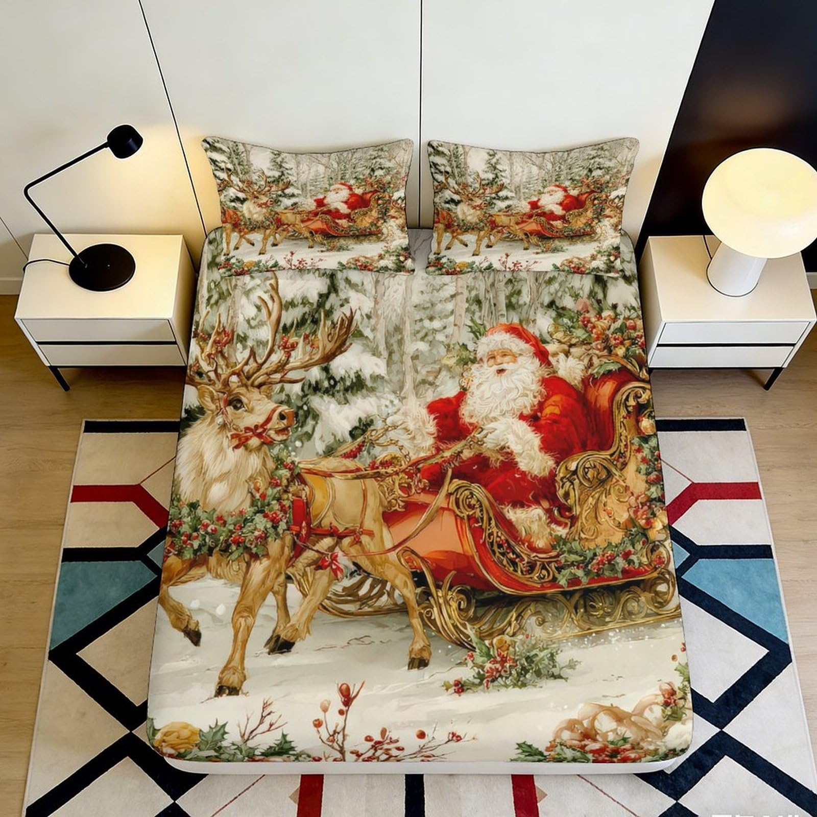 3D Printed Christmas Santa Claus Fitted Sheet Microfiber Soft Breathable Reindeer Bed Cover for Bedroom Dormitory Guest Room Mattress Decor 200x200x25cm