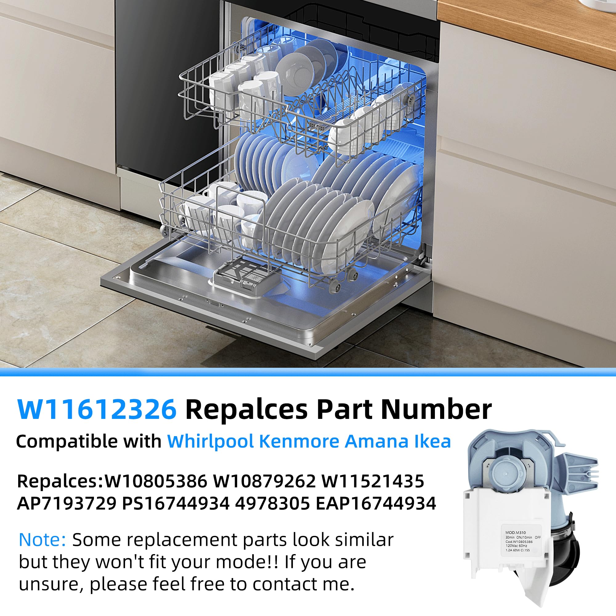 W11612326 W11521435 Pompa di scarico di ricambio per lavastoviglie Whirlpool Kenmore Amana WDF520PADM7 WDF520PADM9 WDF330PAHS3 WDP540HAMZ0 WDT540HAMZ0 W10805386 W10877 9262. AP7193729 PS16744934