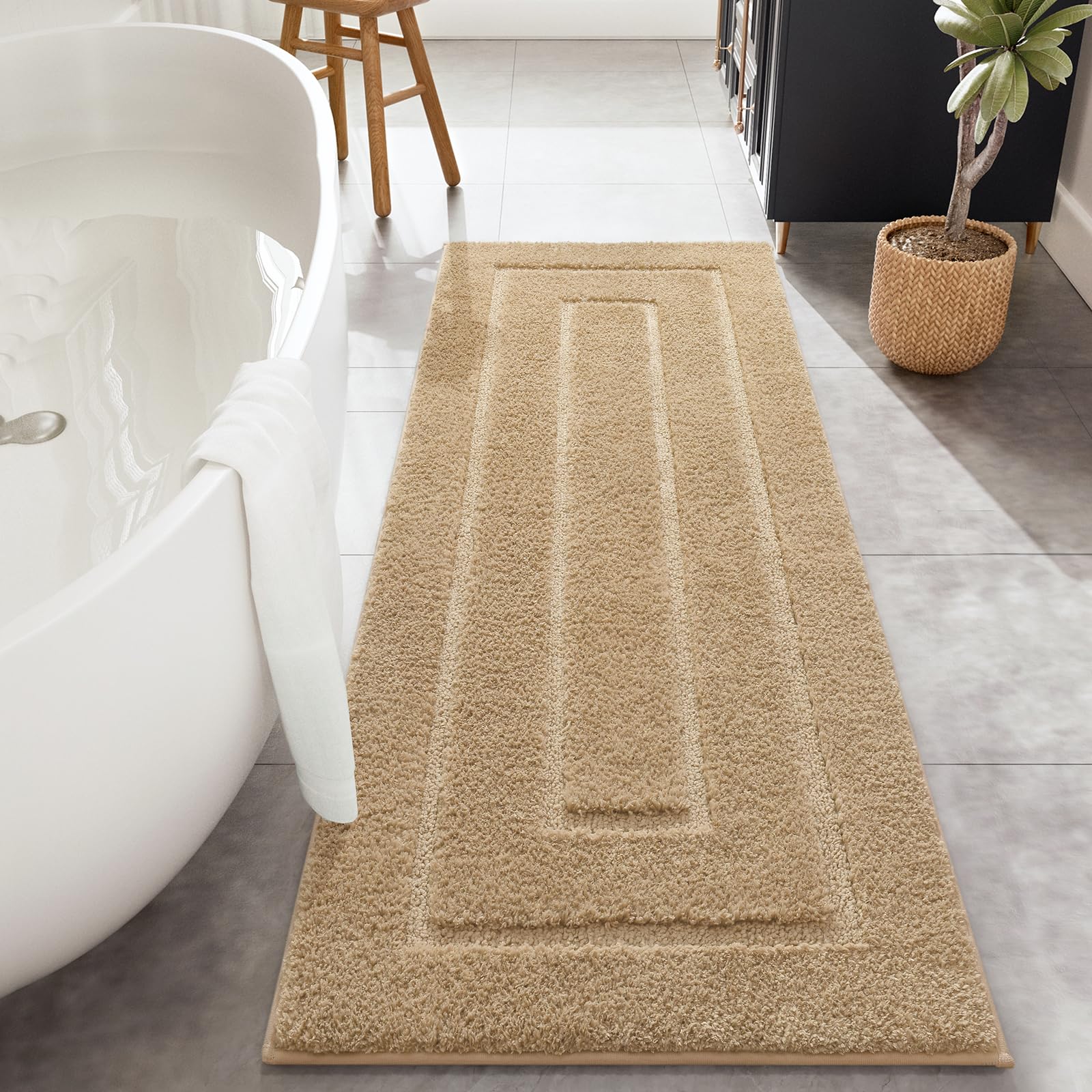 HOMORE Bathroom Runner Rug 24x60 Inch Beige Long Bathroom Runners Rugs, Soft and Absorbent Microfiber Non Slip Washable Bath Rug, Plush Bath Rugs Mat