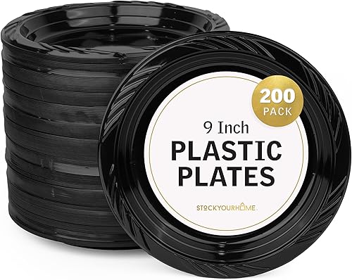 Stock Your Home Platos de plástico negro de 9 pulgadas (200 unidades), grandes platos desechables de plástico negro para fiestas, pasteles,