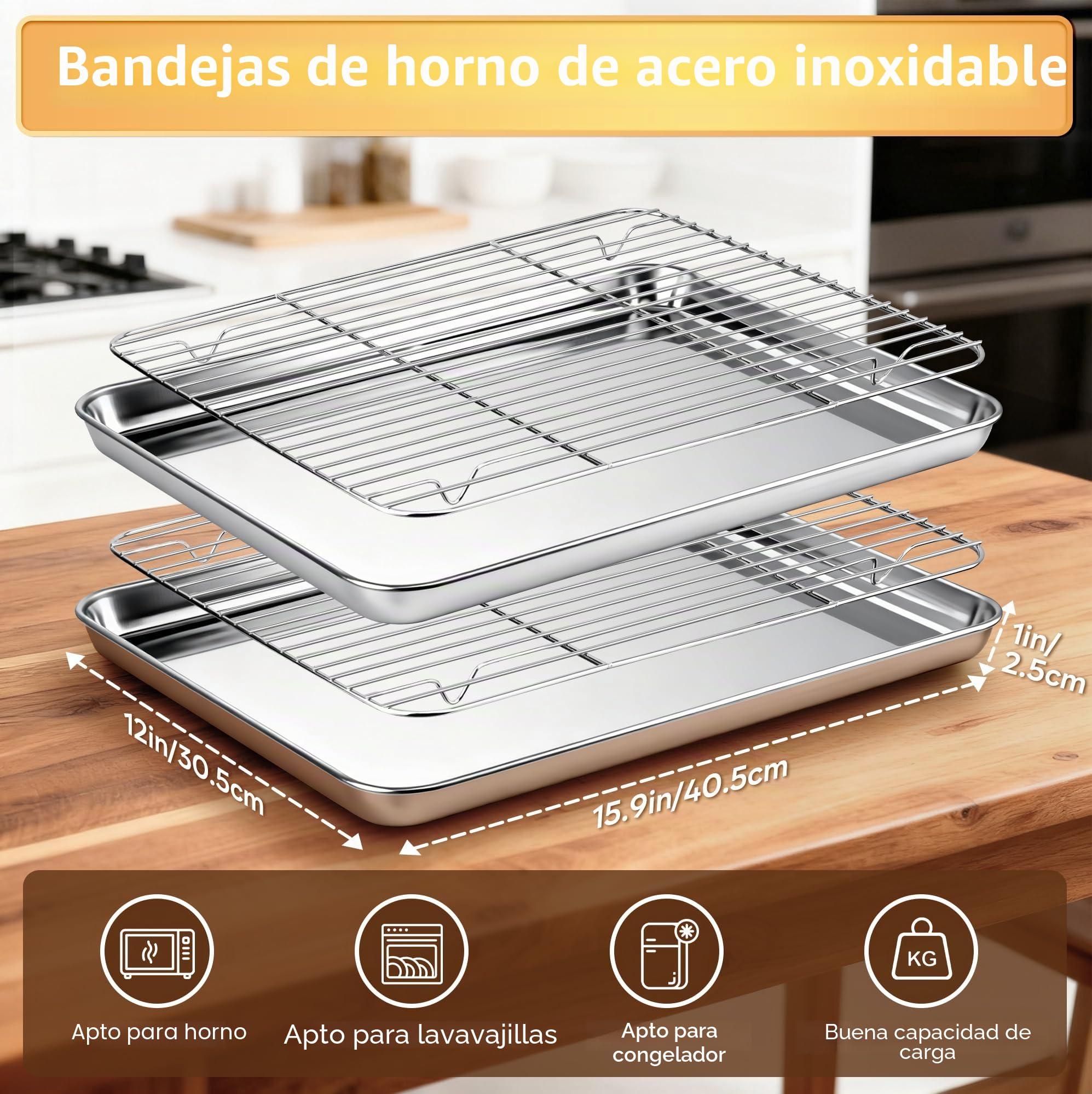 Juego de Bandeja para horno acero inoxidable con rejilla de enfriamiento 40.5x30.5x2.5cm