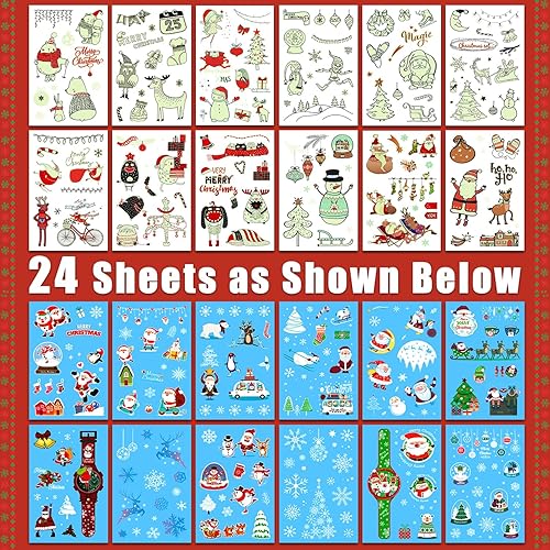 Miniatura 2 de Partywind 280 estilos de tatuajes temporales de Navidad que brillan intensamente, suministros para fiestas, 24 hojas de calcomanías luminosas de