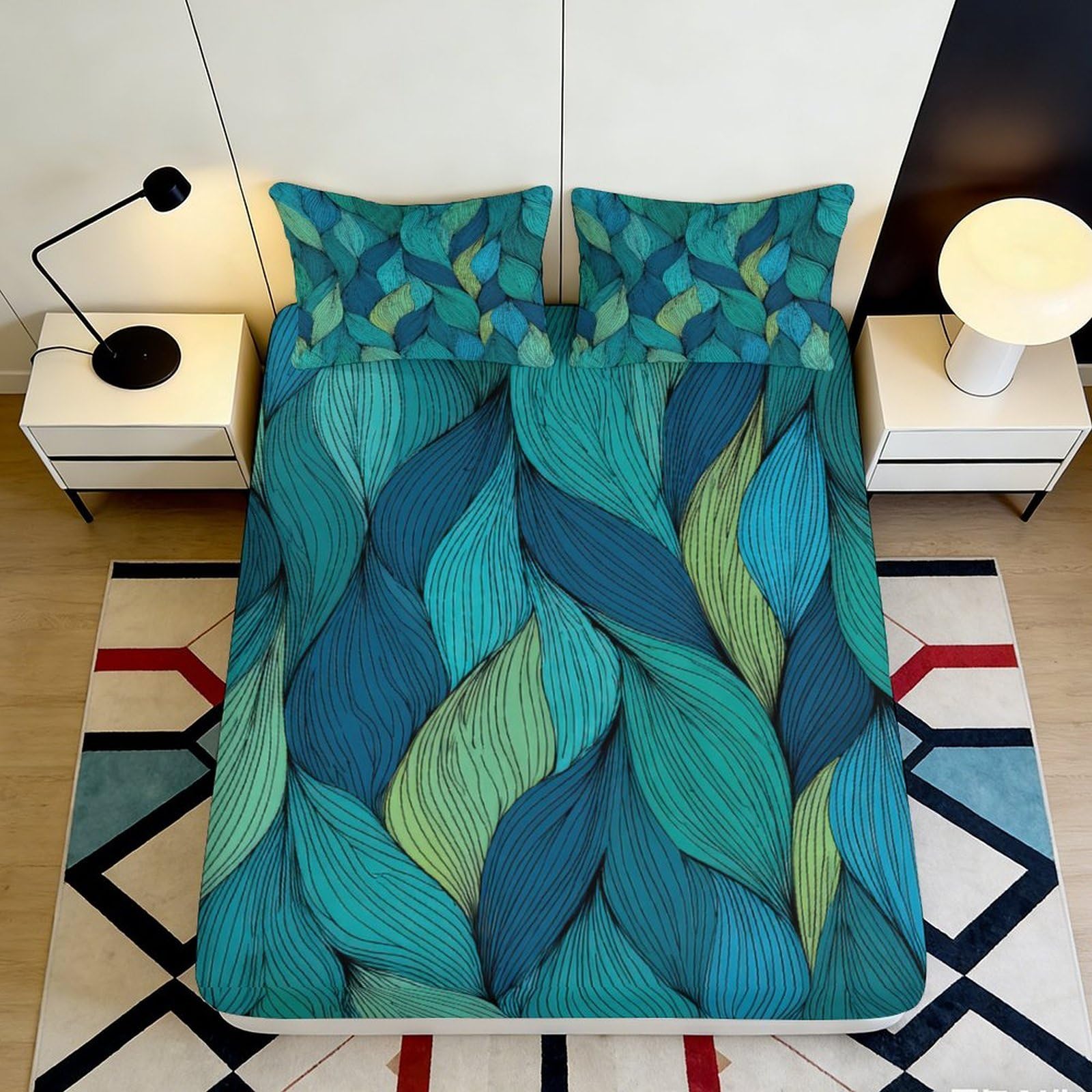 Pnayamiorkfel Style-5 3D Printed Leaf Art Fitted Sheet Microfiber Soft Green Blue Feather Mattress Cover For Bedroom Dorm Décor 90X200x25cm