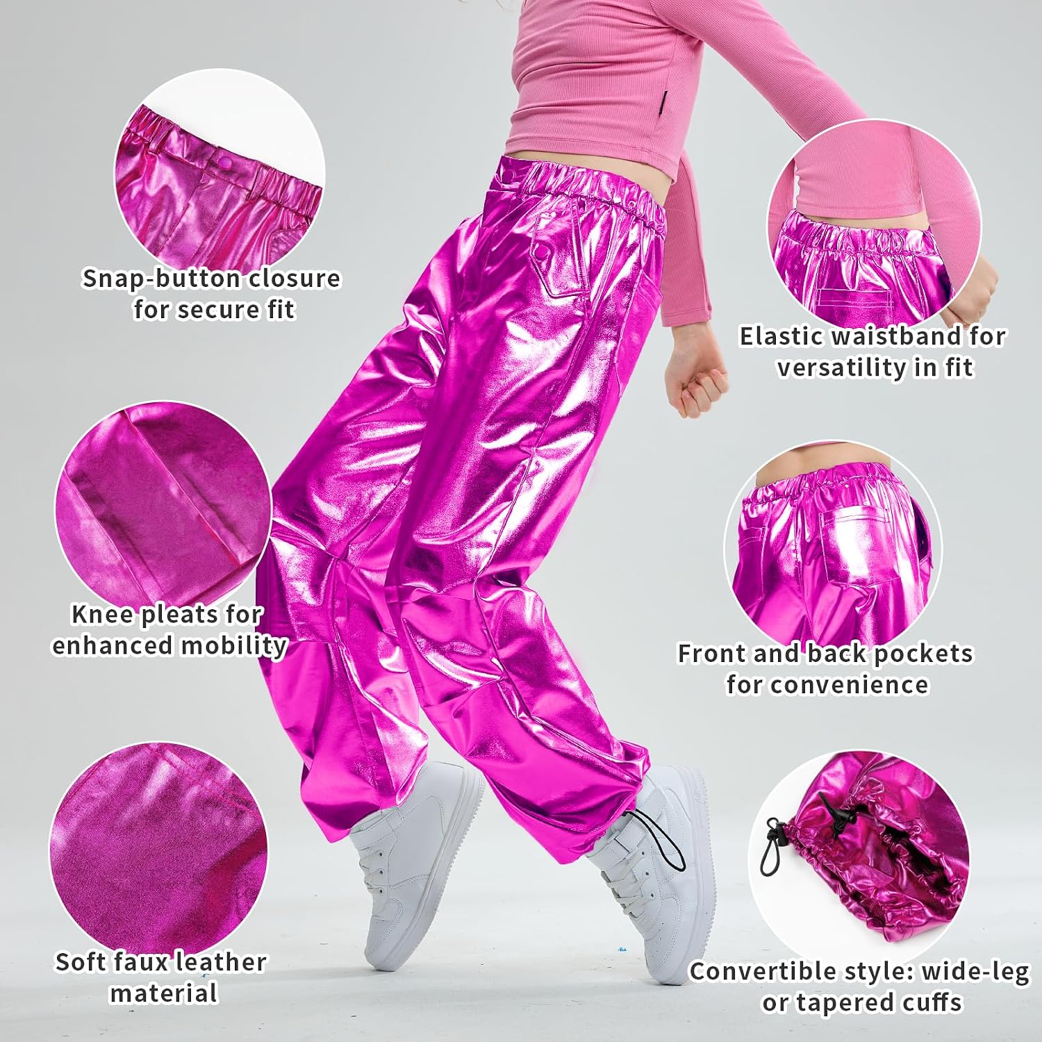 LOLANTA Girls Metallic Jogger Pants, Shiny Jazz Street Hip Hop Dance Pants 7-16, Convertible Leg Opening