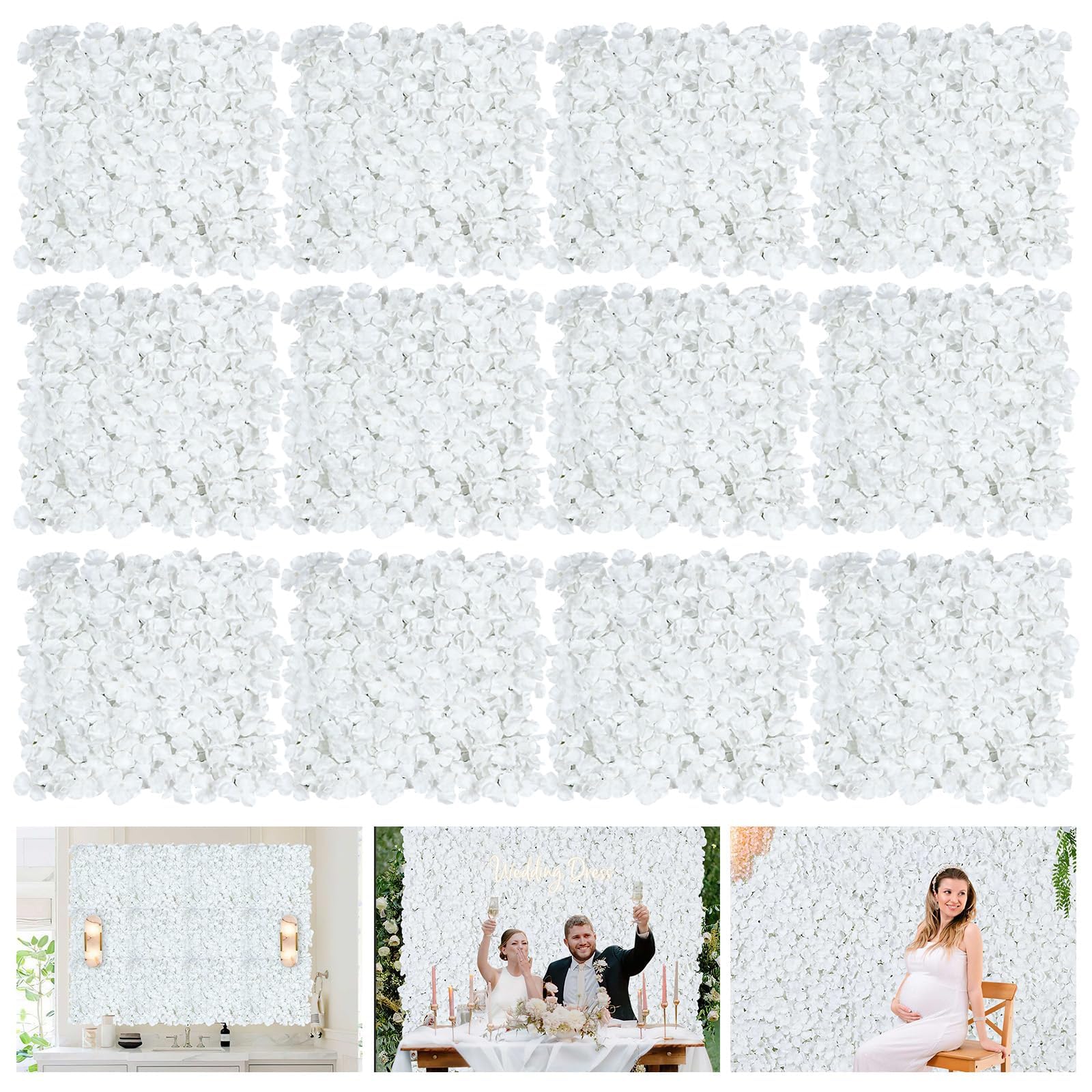 12 Stück Hortensien Kunstblumen Blumenwand, 38 x 38 cm Künstliche Blumenwand Panel DIY Blumen Hintergrund für Hochzeit Balkon Garten Valentinstag Outdoor Deko, Weiß