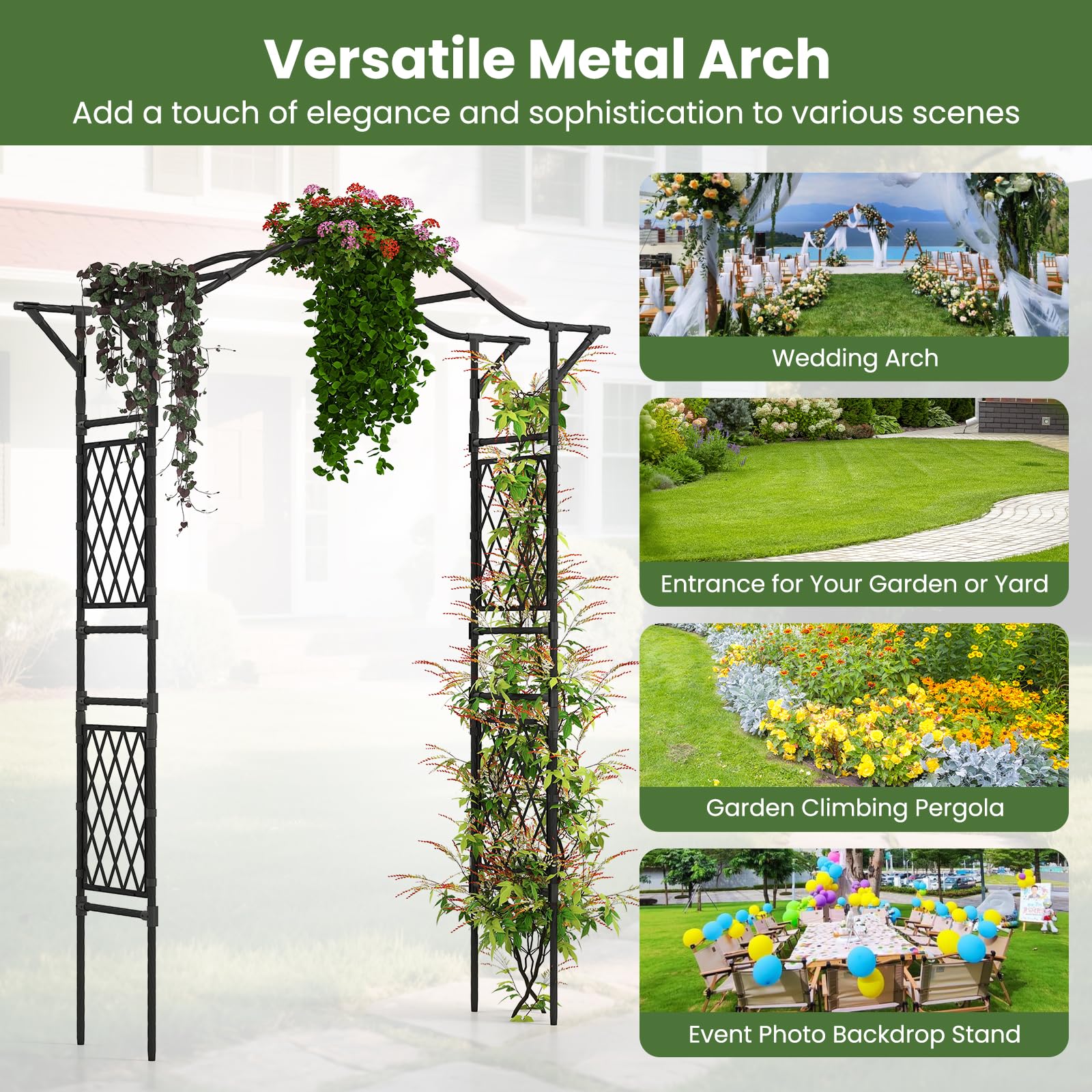FANTASK Gartenbogen Metall, 70 x 39 x 210 cm, Rosenbogen für Kletterpflanzen, Torbogen Garten, Rankgitter Rosenspalier, Rankbogen für Hinterhof, Veranda, Hochzeit Partys (Schwarz)