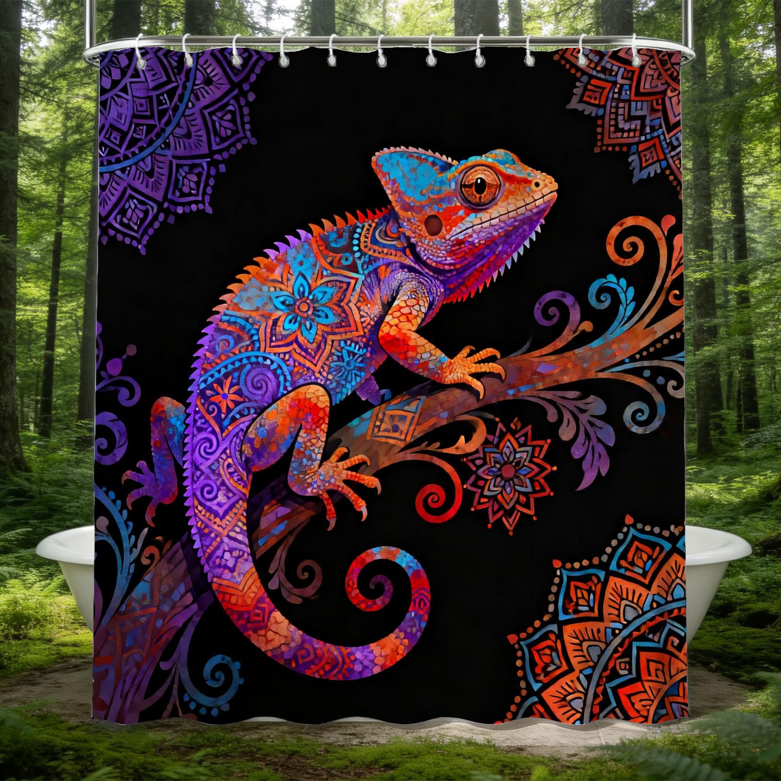 Hongduo 3D Lizard Shower Curtain for Stalls Bathtubs Mandala Pattern Bathroom Decor Shower Curtain Set Polyester Fabric Waterproof 180x180cm/71X71 Inch with Hooks