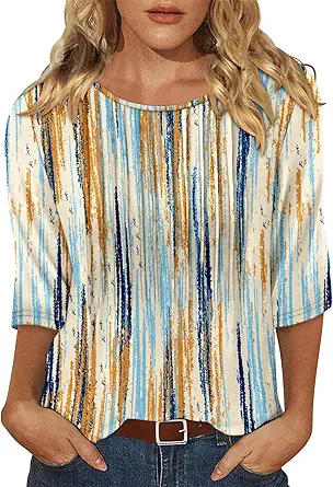 KISSMODA Tunic Tops for Women Loose Fit Dressy Round Neck Pleated 3/4 Length Sleeve Spring Tops
