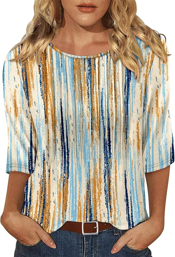 KISSMODA Tunic Tops for Women Loose Fit Dressy Round Neck Pleated 3/4 Length Sleeve Spring Tops
