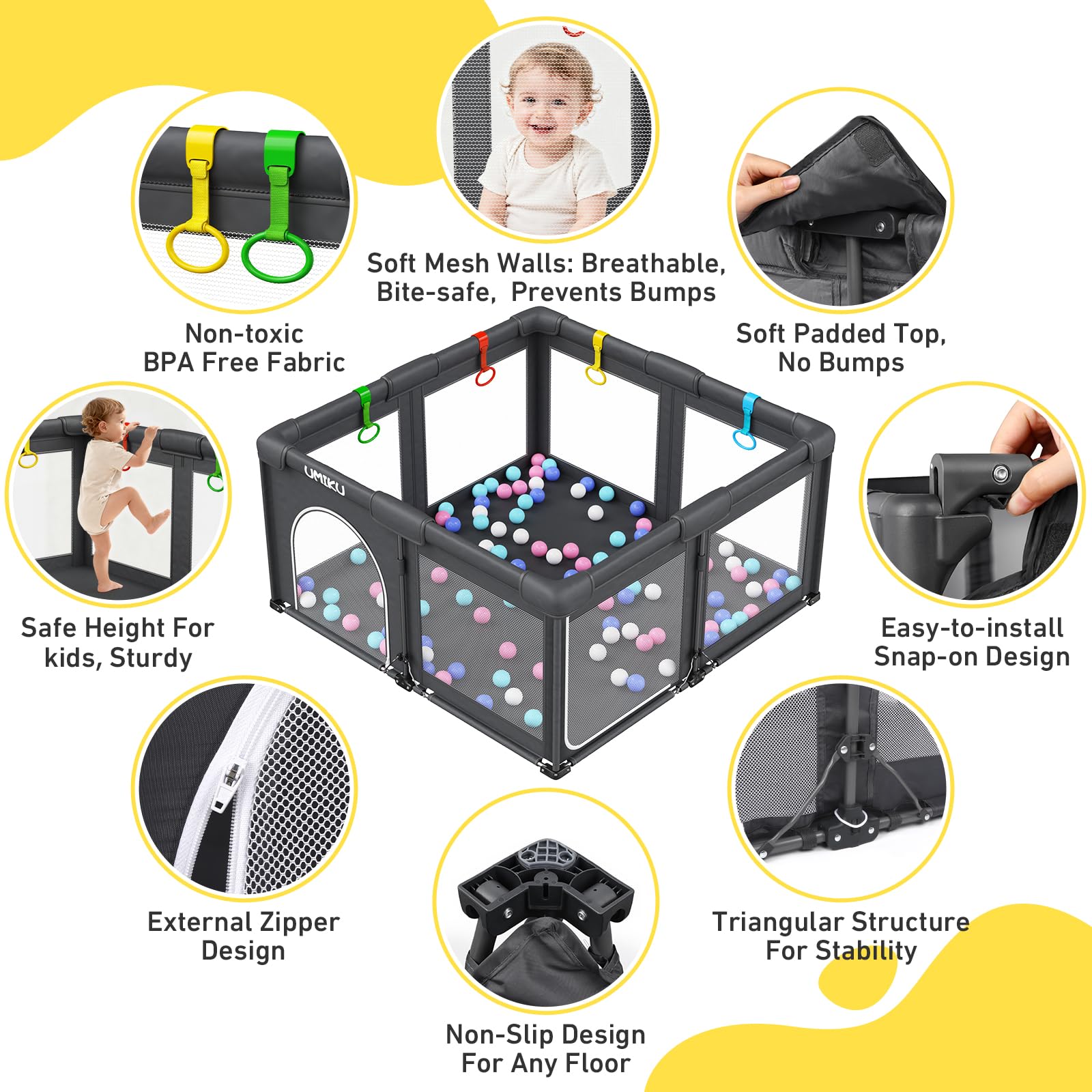 Parco giochi pieghevole per neonati e bambini piccoli, grande box con 2 porte, recinto per interni ed esterni, 4 maniglie, 50 palline, regali essenziali per