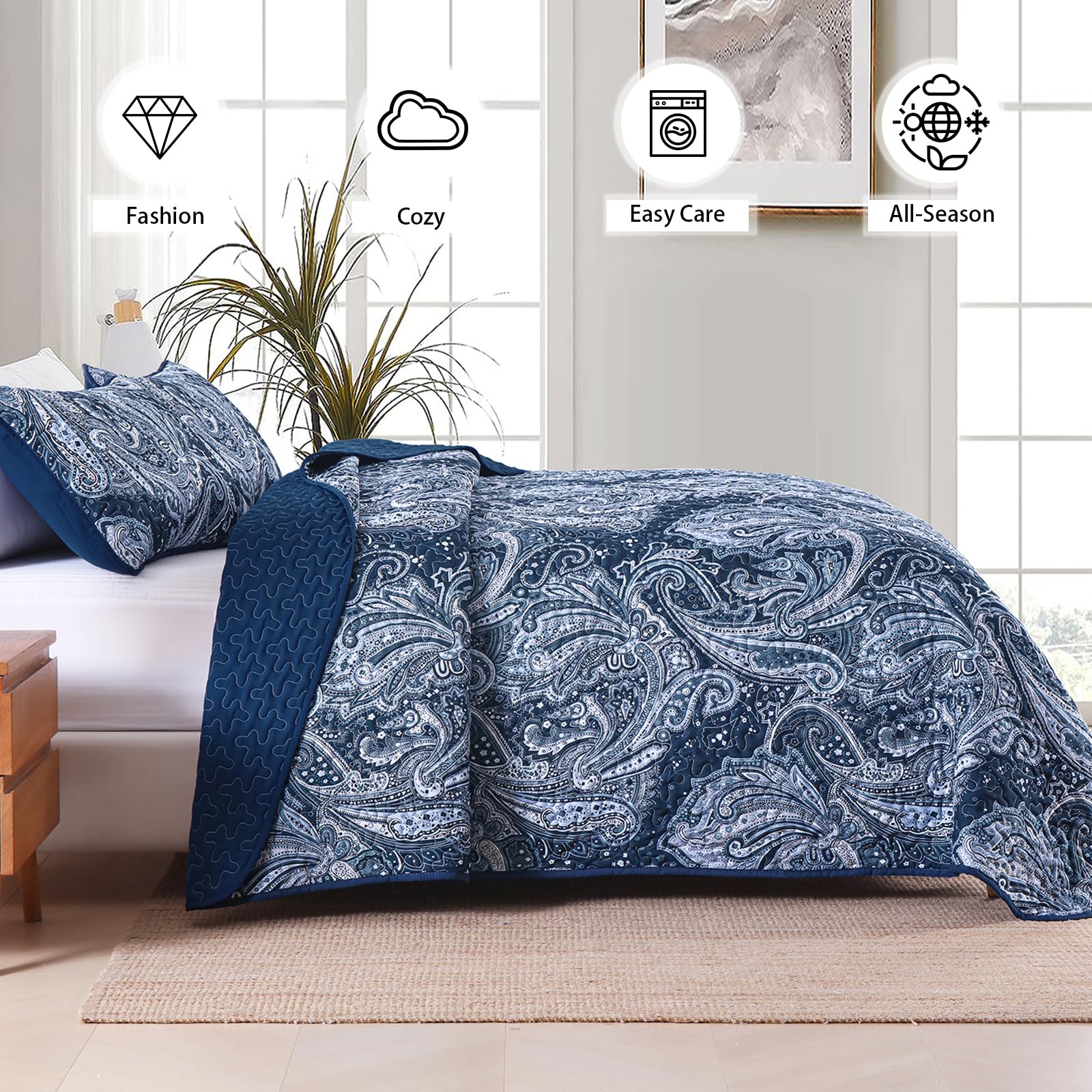 DJY Navy Paisley Quilt Set Queen Boho Bedspread Coverlet Set 3 Pieces, Soft Lightweight Microfiber Navy Blue Paisley Floral Pattern Bedding for All Season, 96"x90"