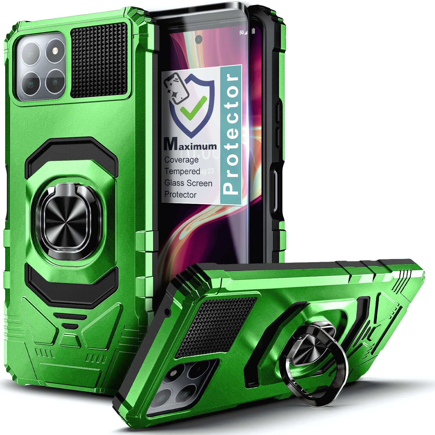 NZND Case for Boost Mobile Celero 5G Plus 2023 7.0" (Plus Version Only) with Tempered Glass Screen Protector (Maximum Coverage), Full-Body Protective [Military-Grade] Ring Holder Cover Case (Green)