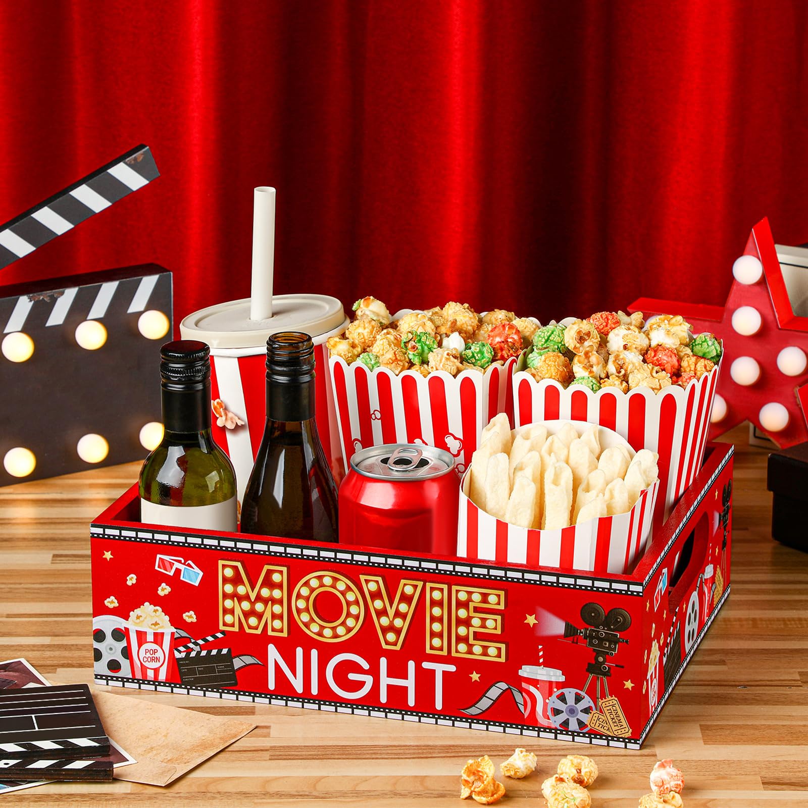 GlikCeil Bandeja de aperitivos con asas y 4 compartimentos para teatro, palomitas de maíz, reutilizable, cesta de regalo de noche de película, soporte organizador para decoración de sala de cine