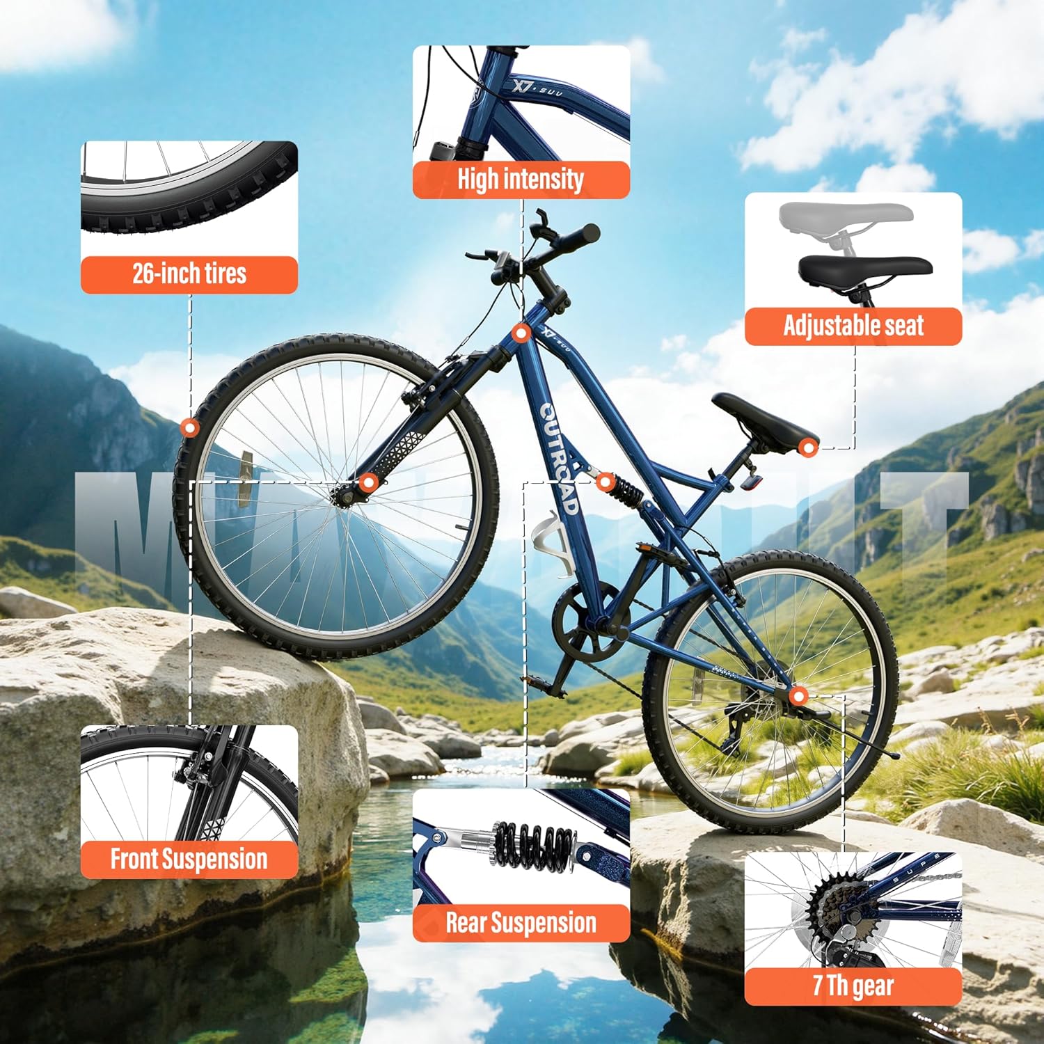 Outroad Mountain Bike, 26 inch Outdoor Cycling Bike, 7-Speed/High-Carbon Steel/V Brake MTB Bicycle, Adjustable Ergonomic Seat Bikes for Adult, Men and Women, Multiple Colors