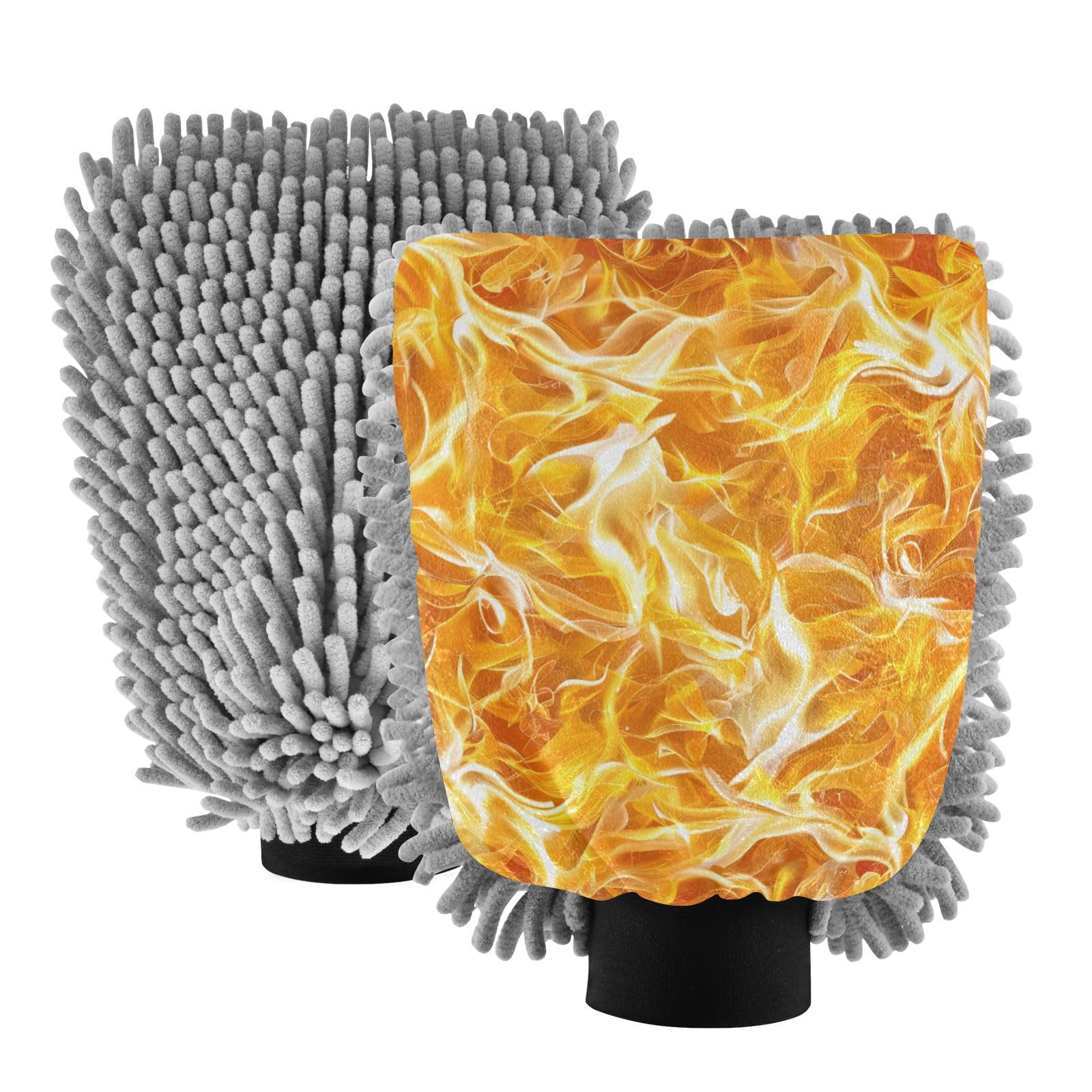 IOACIY Absorbent Microfiber Car Wash Drying Mitts, 2 Pack, Scratch-Free & Lint-Free, Rich Foam, Highly Absorbent, Double Sided, Wash Mitt Perfect for Car Washing, L, Flame Pattern