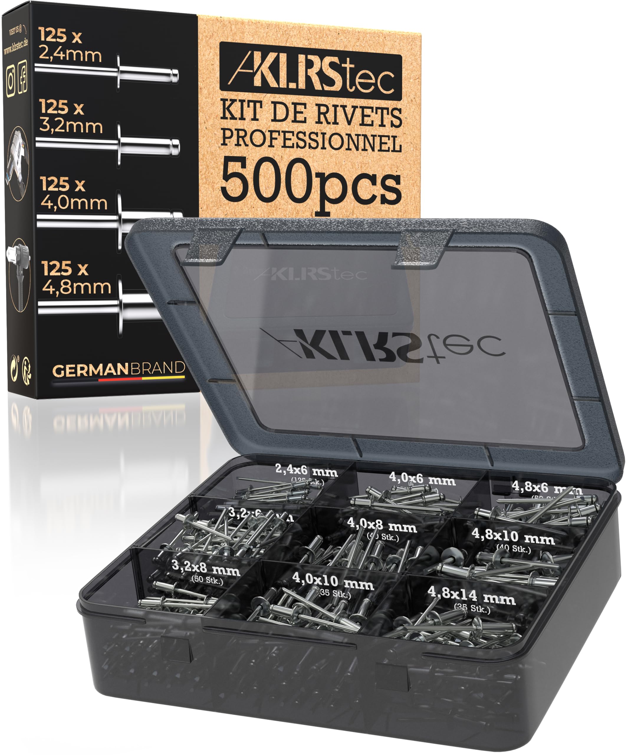 KLRStec Professional Kit de Rivets Aveugles [500pcs] Aluminium/Acier Kit d'Assortiment de Rivets Pop pour Pince a Rivet Pop 125 Pièces de chaque taille (2,4mm, 3,2mm, 4,0mm et 4,8mm)