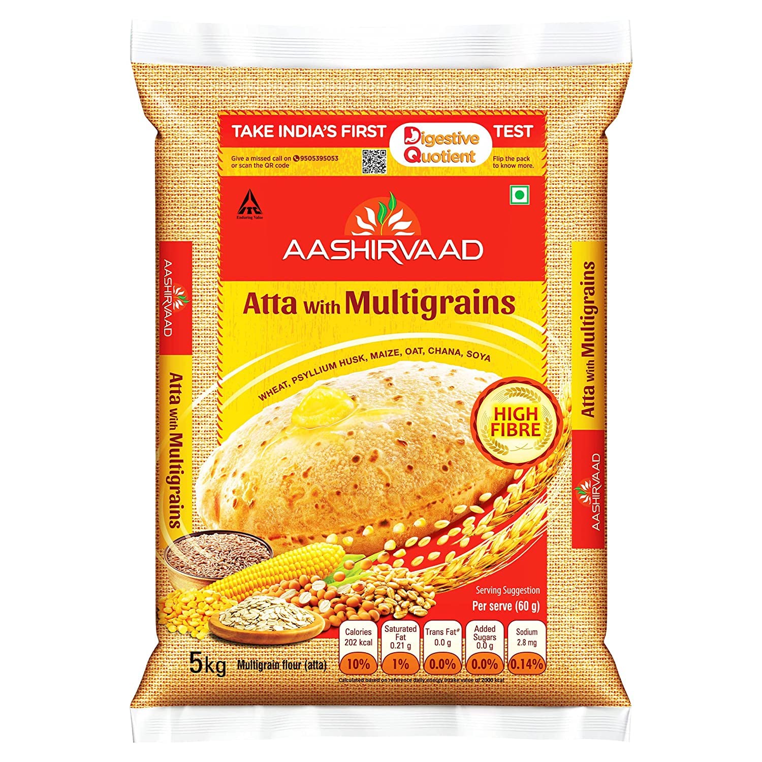 Aashirvaad |Multigrain Atta 5Kg |Great Taste | Transform Your Rotis | Extra Protein | Grow Strength | Nourishment | Vegetarian | Dietry Fibre | MultiGrains | Indian Origin White