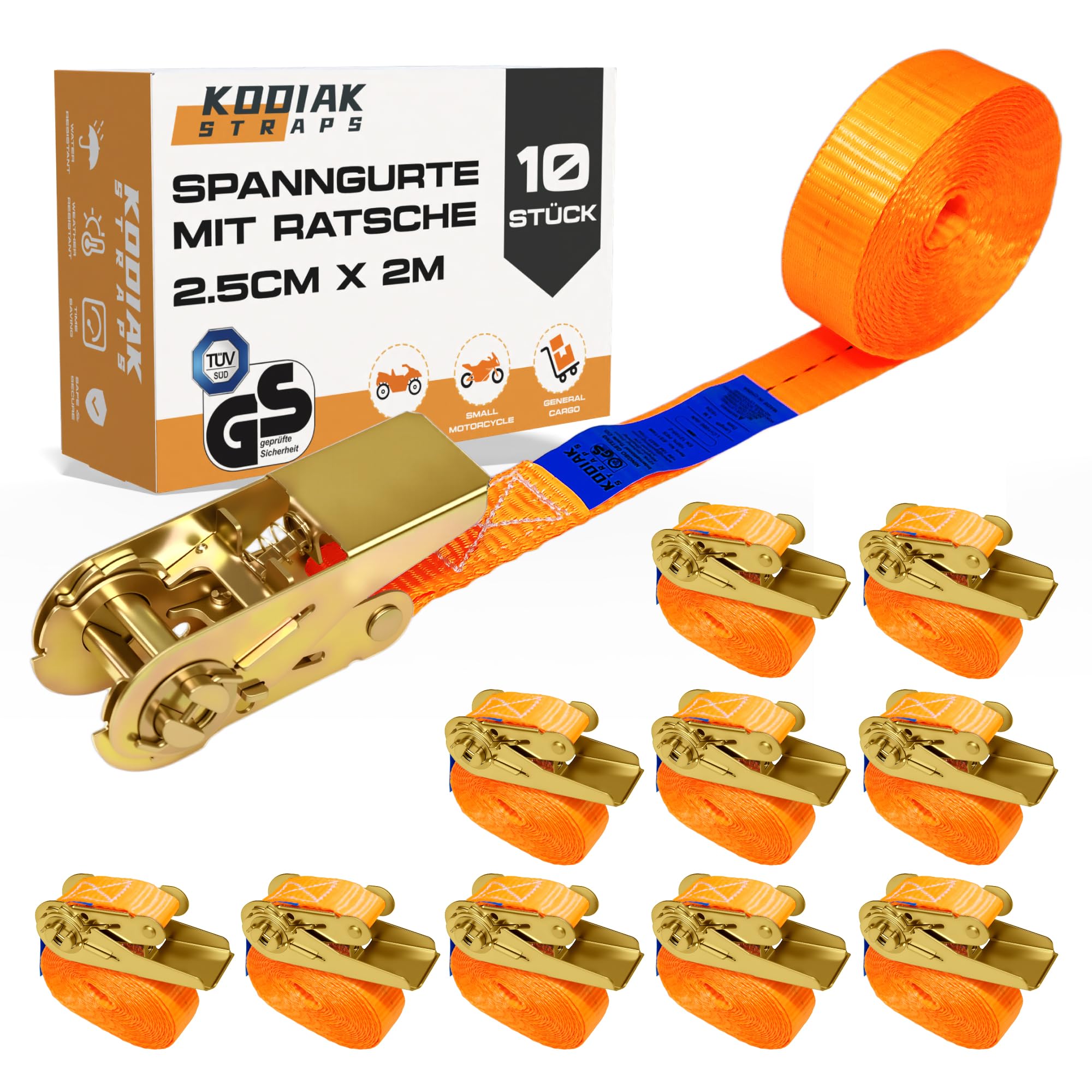 10 Stück Spanngurte 2m x 1000kg mit Ratschenschloss - 25mm Zurrgurte mit Ratsche - Orange Ratschengurt für Gepäck & Transport - TÜV/GS geprüft nach DIN EN 12195-2 - KODIAK STRAPS