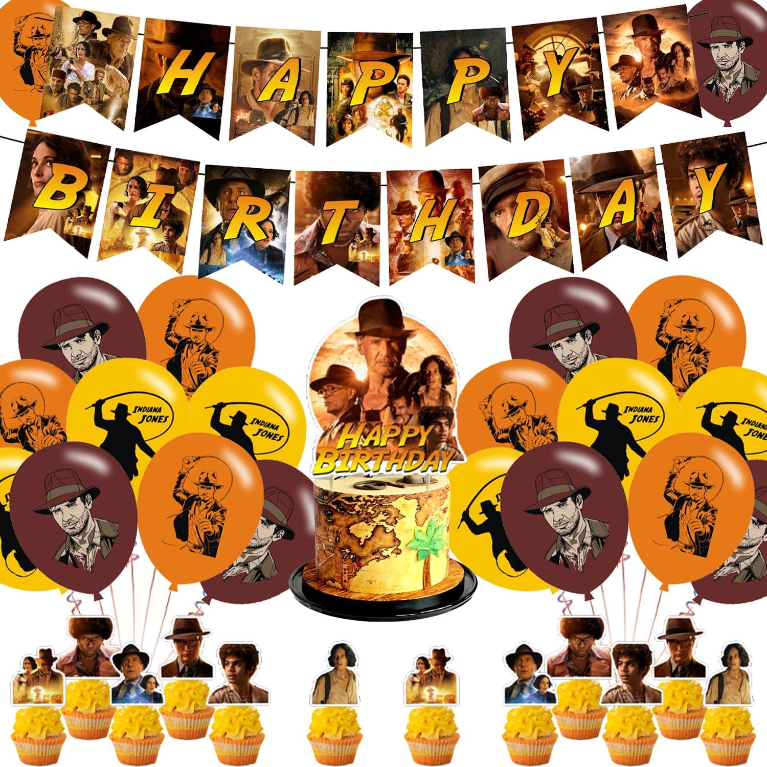 Indiana Jones Party Decorations,Birthday Party Supplies ForIndiana Jones 2023 Party Supplies Includes Banner - Cake Topper - 12 Cupcake Toppers - 18 Balloons