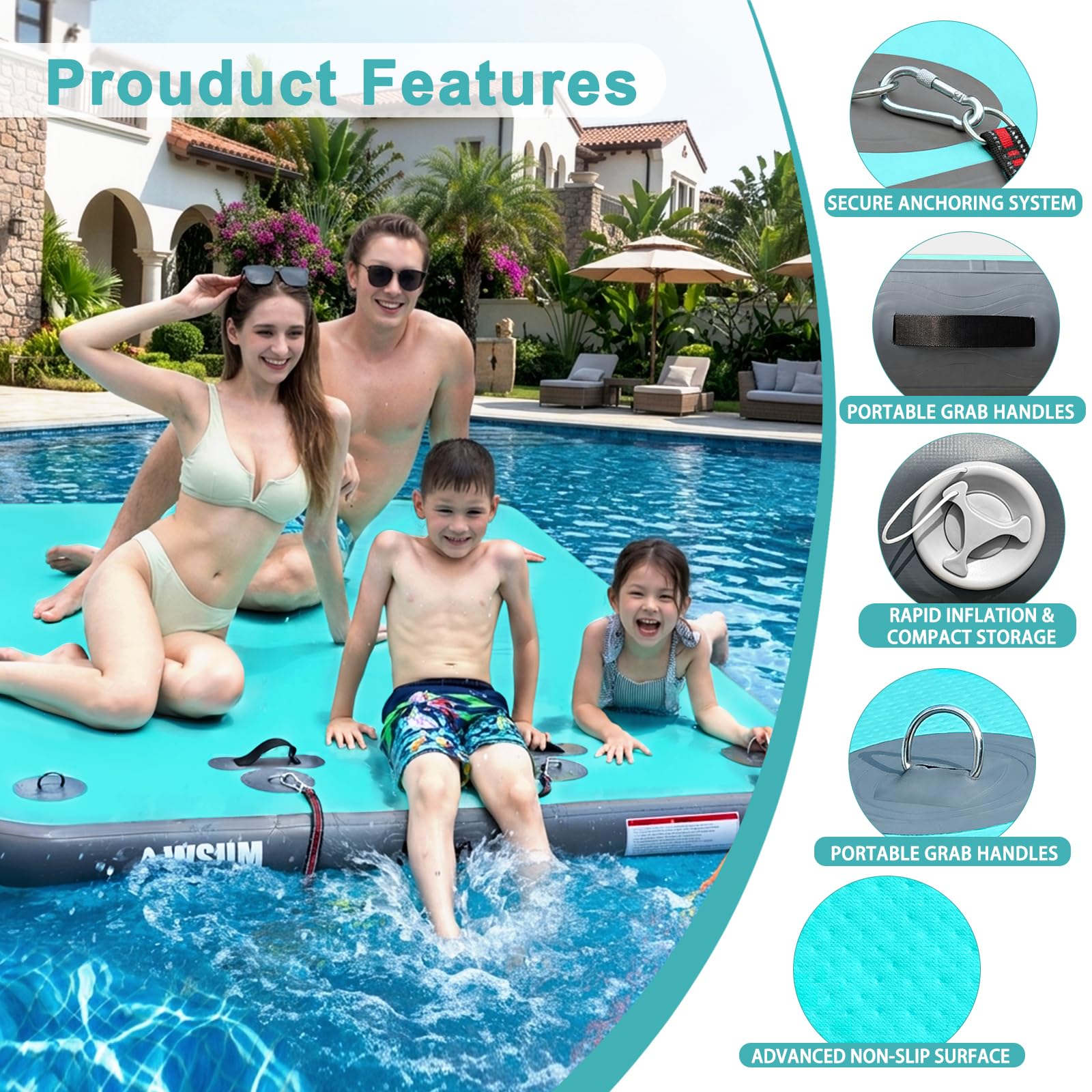 AWSUM Plataforma de Muelle Flotante Inflable, 6 x 5 pies, balsa Flotante de Isla con Superficie Antideslizante para Lago, Piscina, Playa, océano