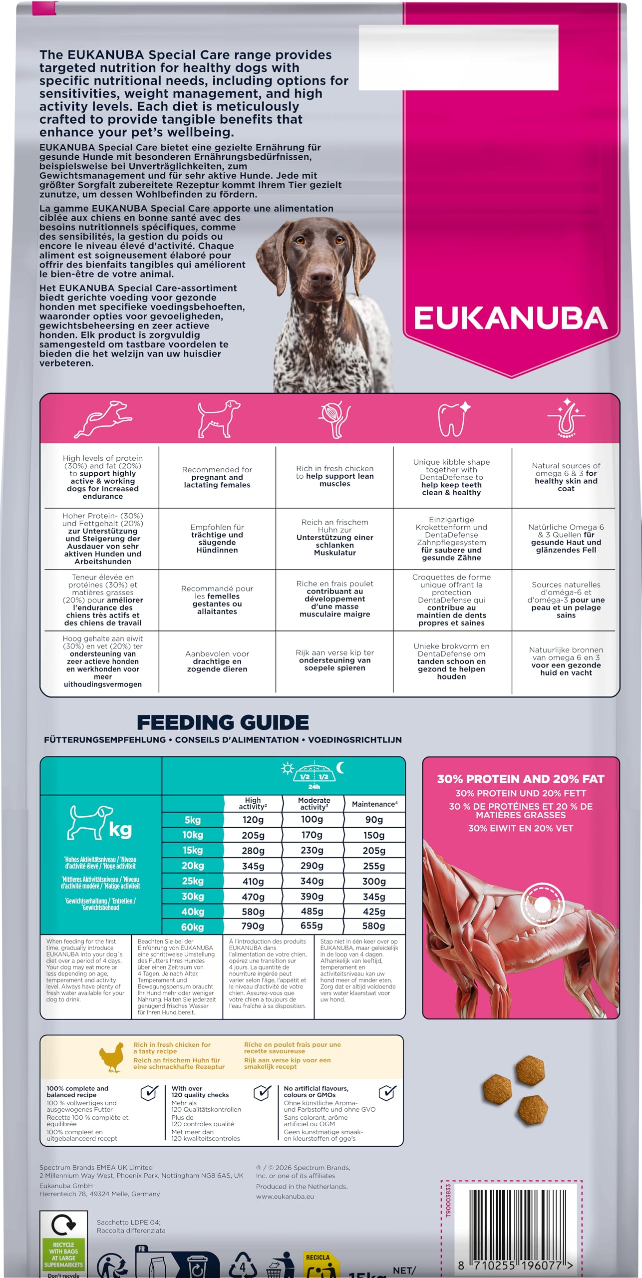 EUKANUBA Working & Endurance Cibo per cani con pollo fresco - Mangime secco Special Care ad alto contenuto energetico per cani da lavoro, cani da caccia e cagne in gravidanza o allattamento, 15 kg