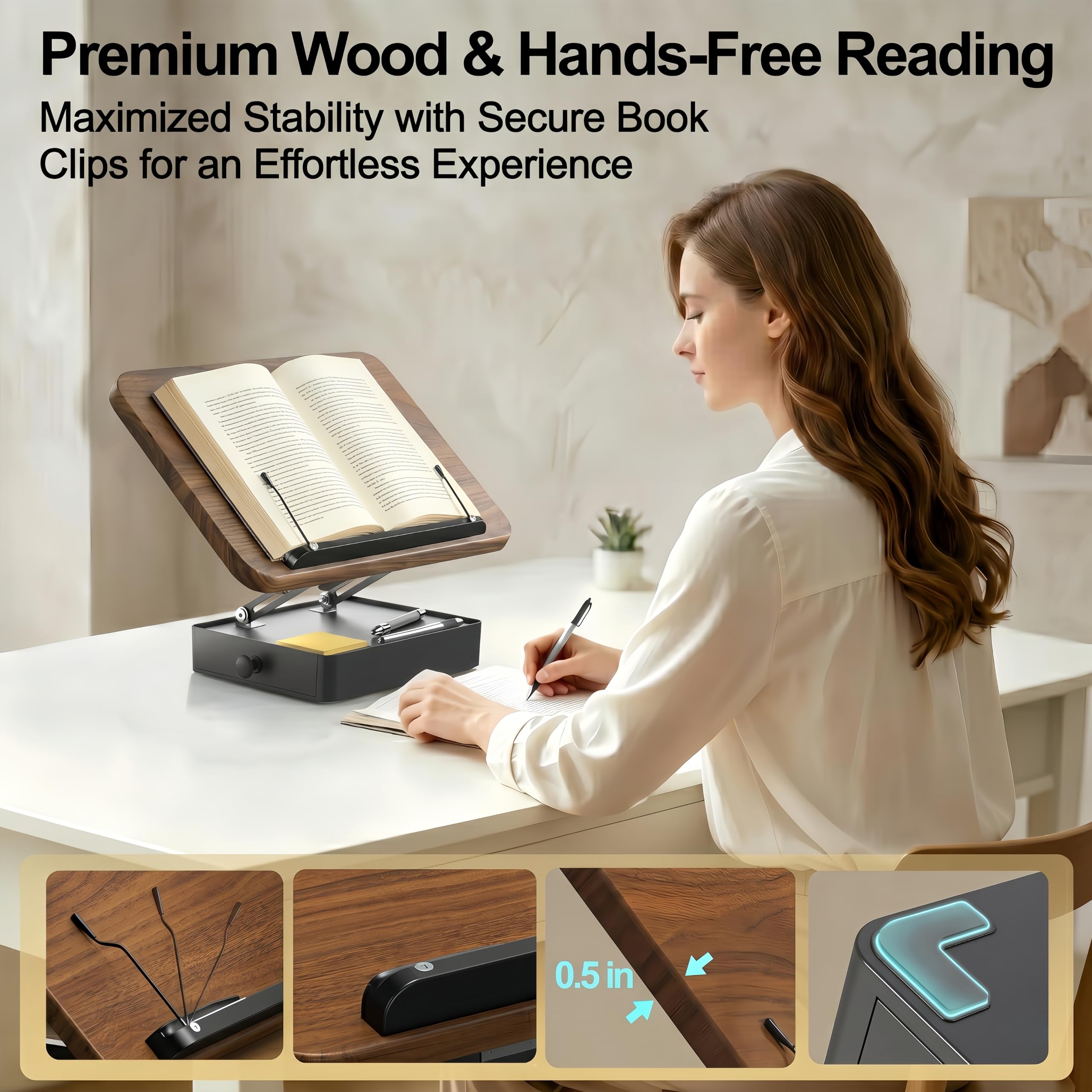 Leggio per libri con contenitore, supporto da lettura in legno per scrivania, ergonomico regolabile in altezza e angolo, supporto per libri di testo, libri di cucina, documenti (finitura noce