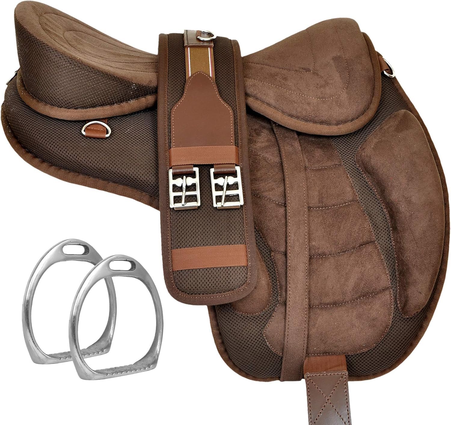 ADB CREATIONS All Purpose Pony and Adult Synthetic Treeless Freemax English Horse Saddles Size with Matching Girth & Aluminum Stirrups 10 to 18 Inch Seat (Brown, 17.5" Inch)