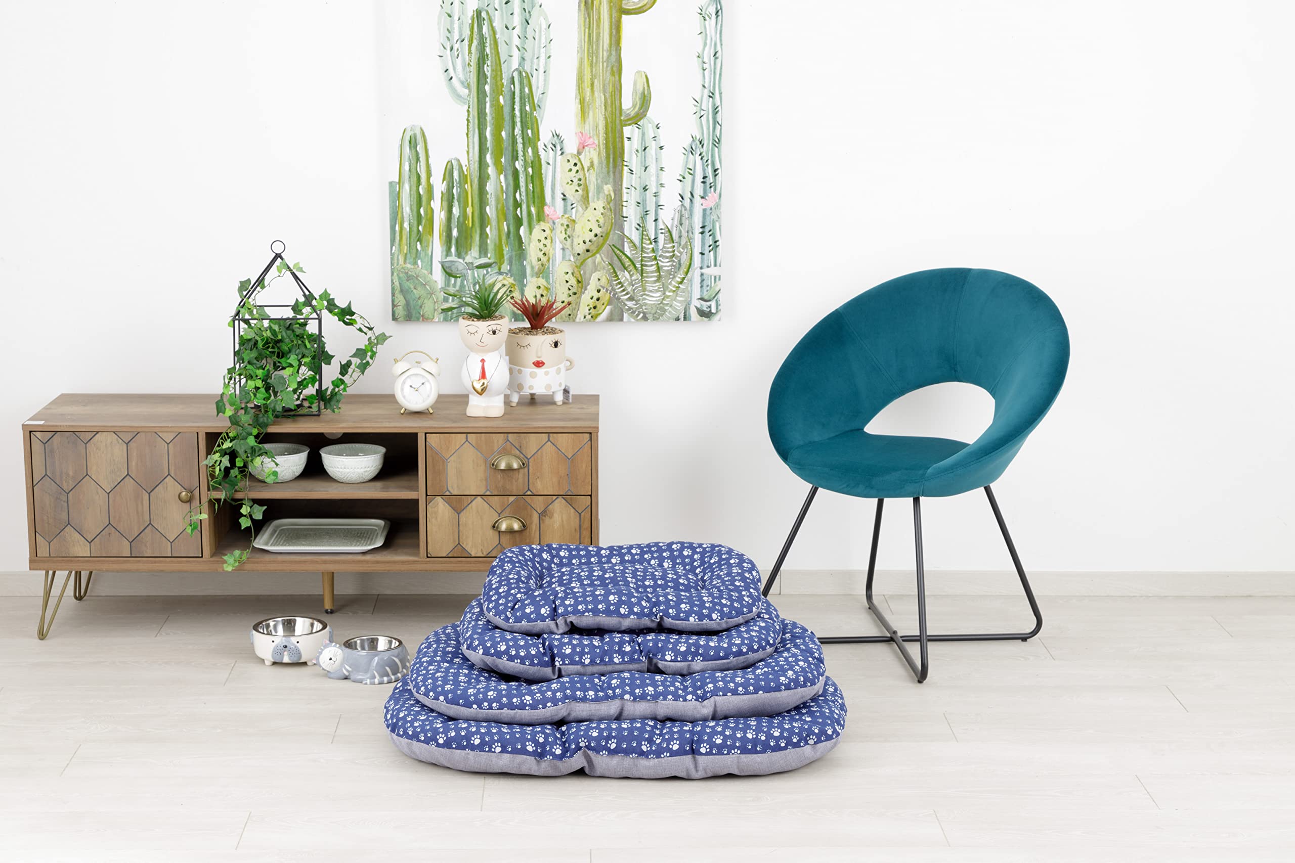 Baroni Home Cuscino Ovale per Cani e Gatti Tessuto Taglia, Imbottito con Morbido Foam, Utilizzabile su Entrambi i Lati (40x60x7 cm, Grigio e Zampine)