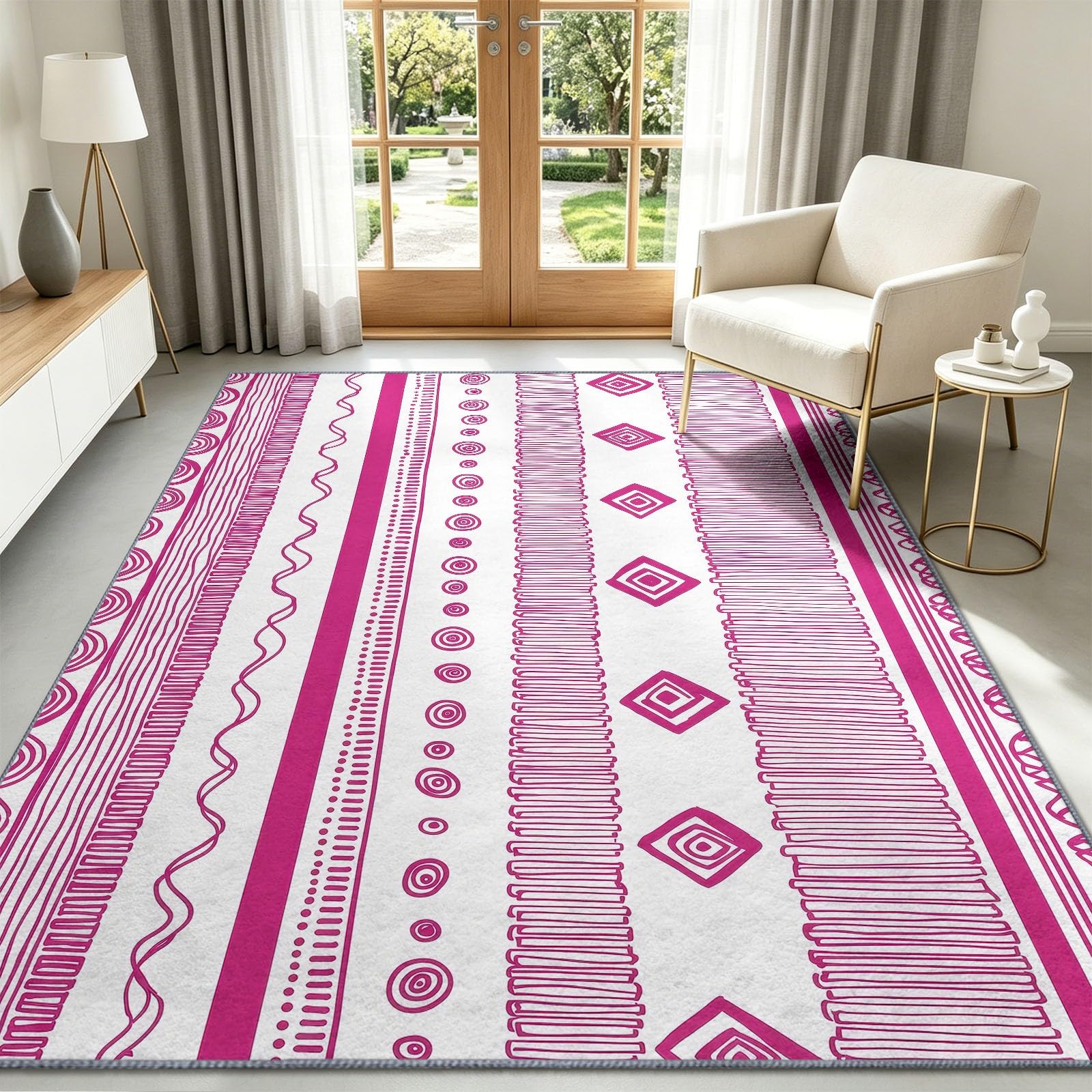 Dywan nadaje się do prania, 140 x 200 cm, poziome paski, w kropki, krótkie runo, geometryczny, do pokoju dziecięcego, antypoślizgowy, miękki, łatwy w pielęgnacji, do salonu, sypialni, kuchni