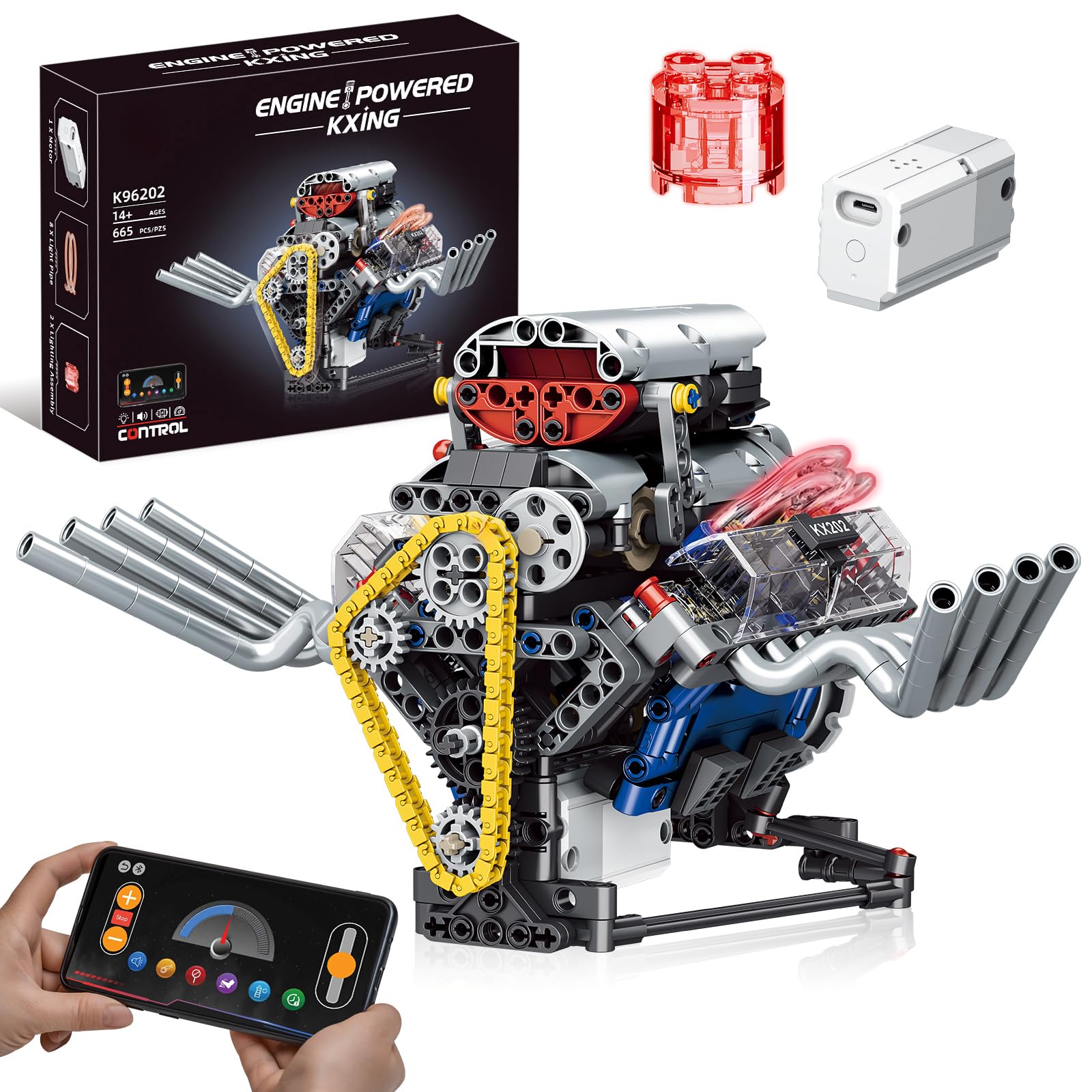 BRICXOR V8 Engine Model Kit That Works, APP Controlled Mini V8 Engine Building Block Set for Adults, Physical Science Experiment Toy with Rechargeable