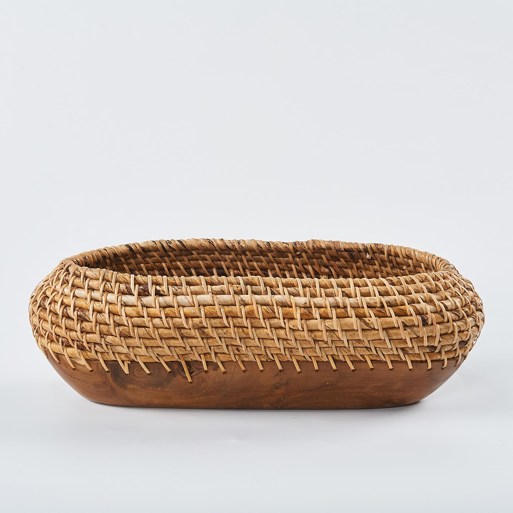 GreenageHandmade Woven Rattan Teak Wood Planter 16.9"x5.9"x5.9" Natural Handcrafted Flower Baskets Solid Olive Wooden Rustic Decorative Fruit Bread Storage Serving Long Bowl for Home Decor
