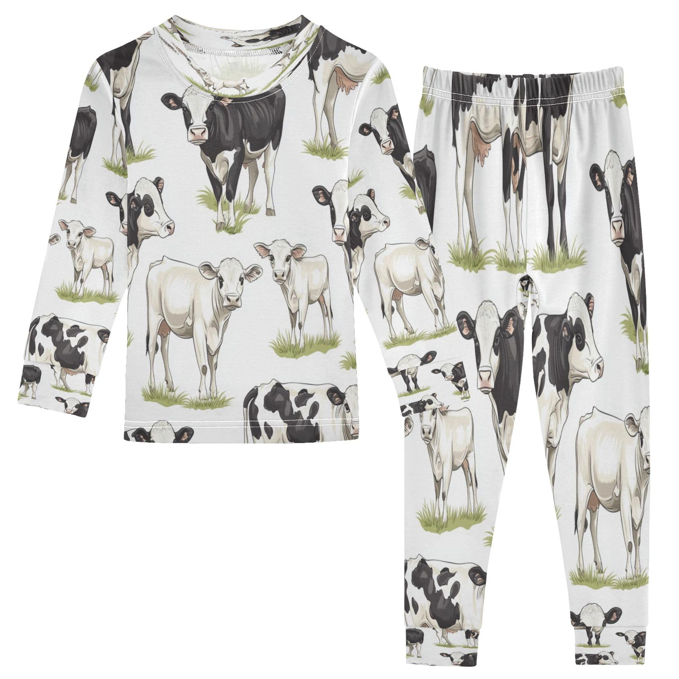 Vozoza Cows Calves Grass Pajama Sets Long Sleeve Top with Pants Cotton Soft Sleepwear 2 Piece Pjs Set Size 5T