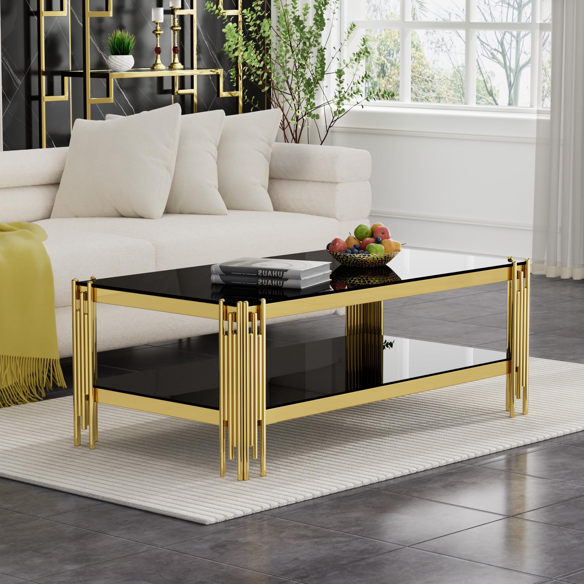 Glass Coffee Table with Gold Stainless Steel Frame, Luxury 48" Rectangle 2-Tier Center Coffee Table with Storage, Modern Sofa Accent Cocktail Table