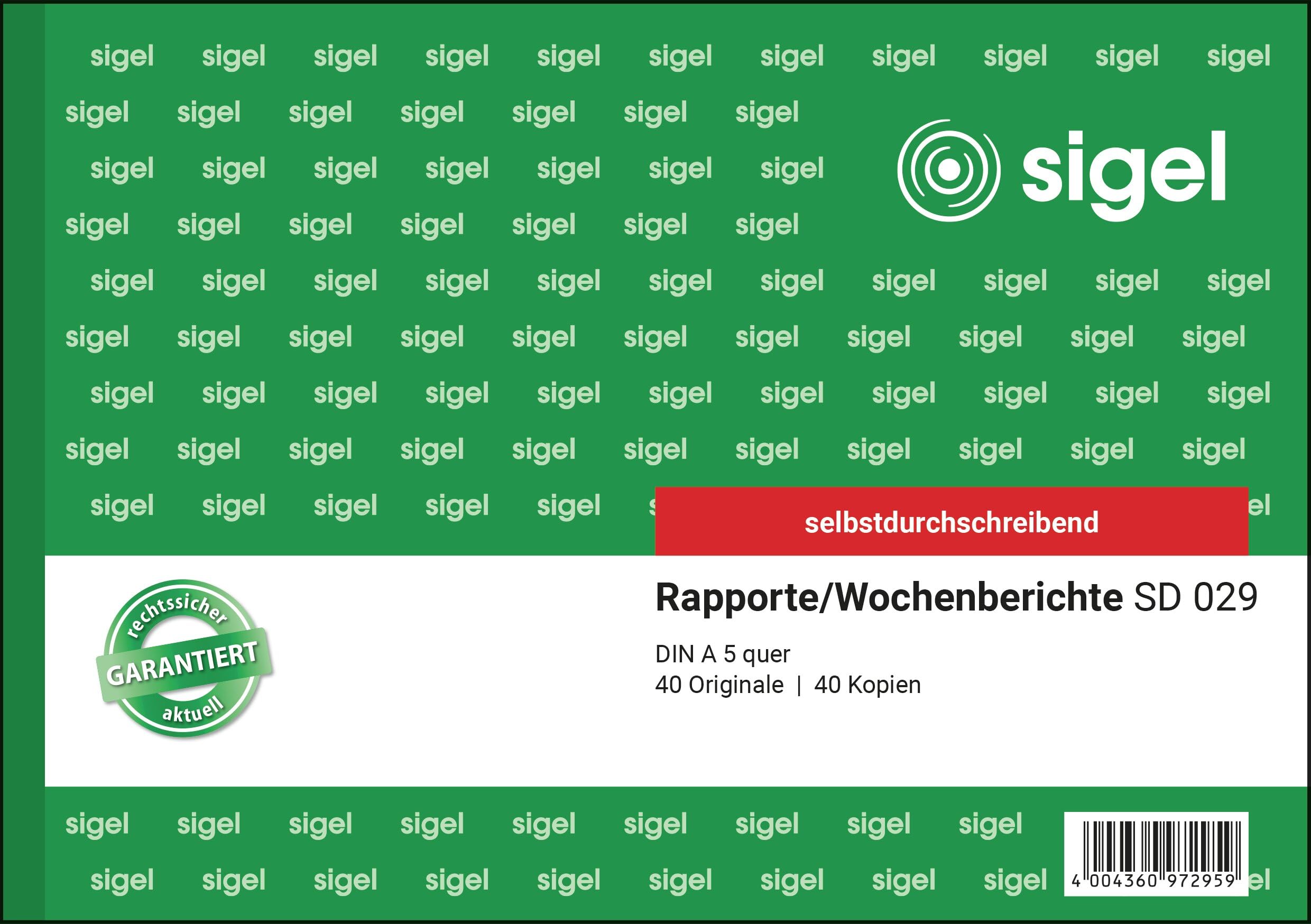 Sigel SD029 Weekly Report First and Second Pages Printed A5 Landscape 2 x 40 Pages Carbonless Copying (German Language)