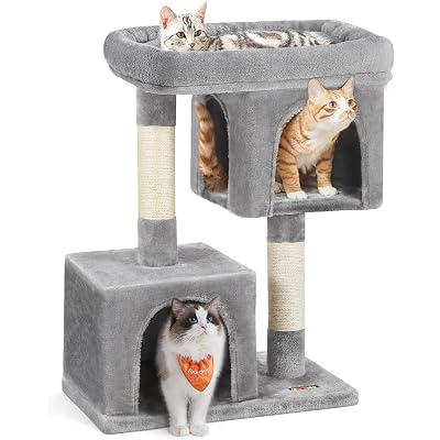 Feandrea Cat Tree, 33.1-Inch Cat Tower, Plush Condo for Large Cats up to 16 lb, Large Perch, 2 Caves, Scratching Post, Light Gray UPCT61W