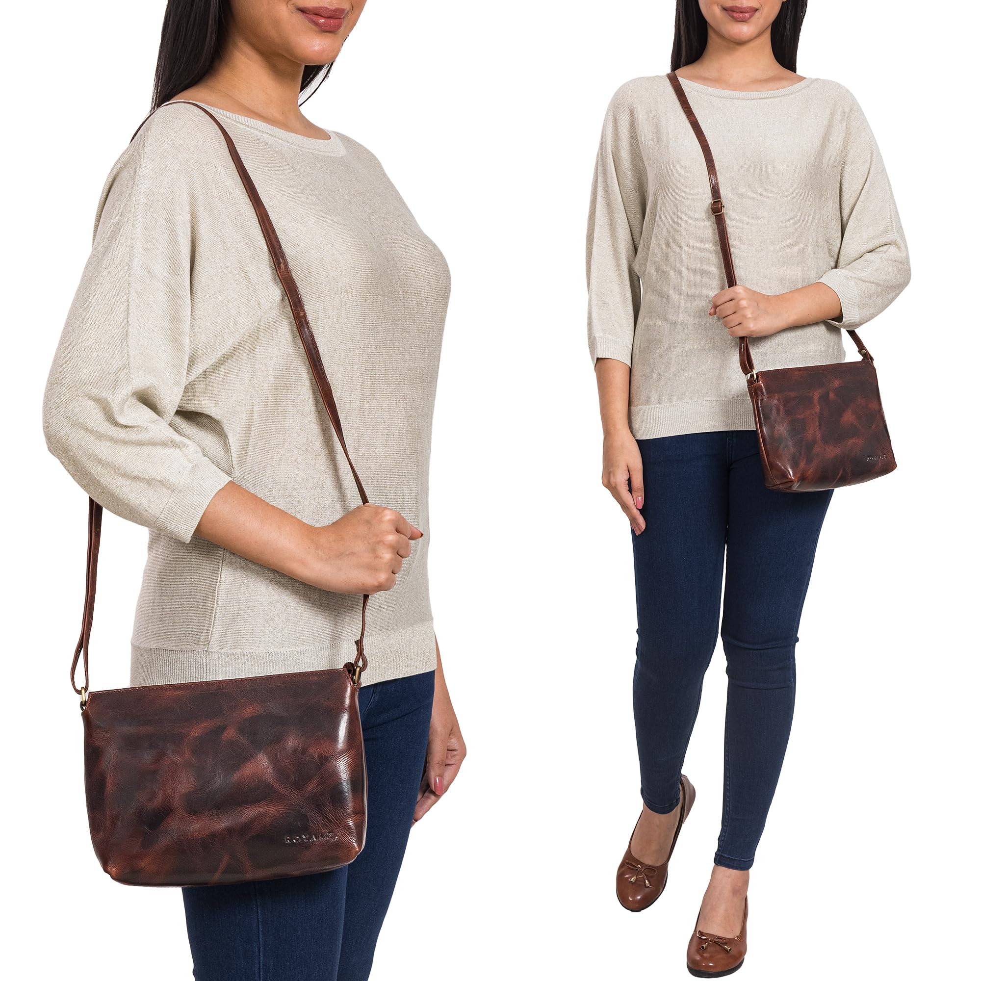 ROYALZ "Wyoming Klassische Handtasche Damen klein Leder Abendtasche im Vintage Look elegant Ledertasche Echtleder Umhängetasche Schultertasche;Farbe:Schwarz