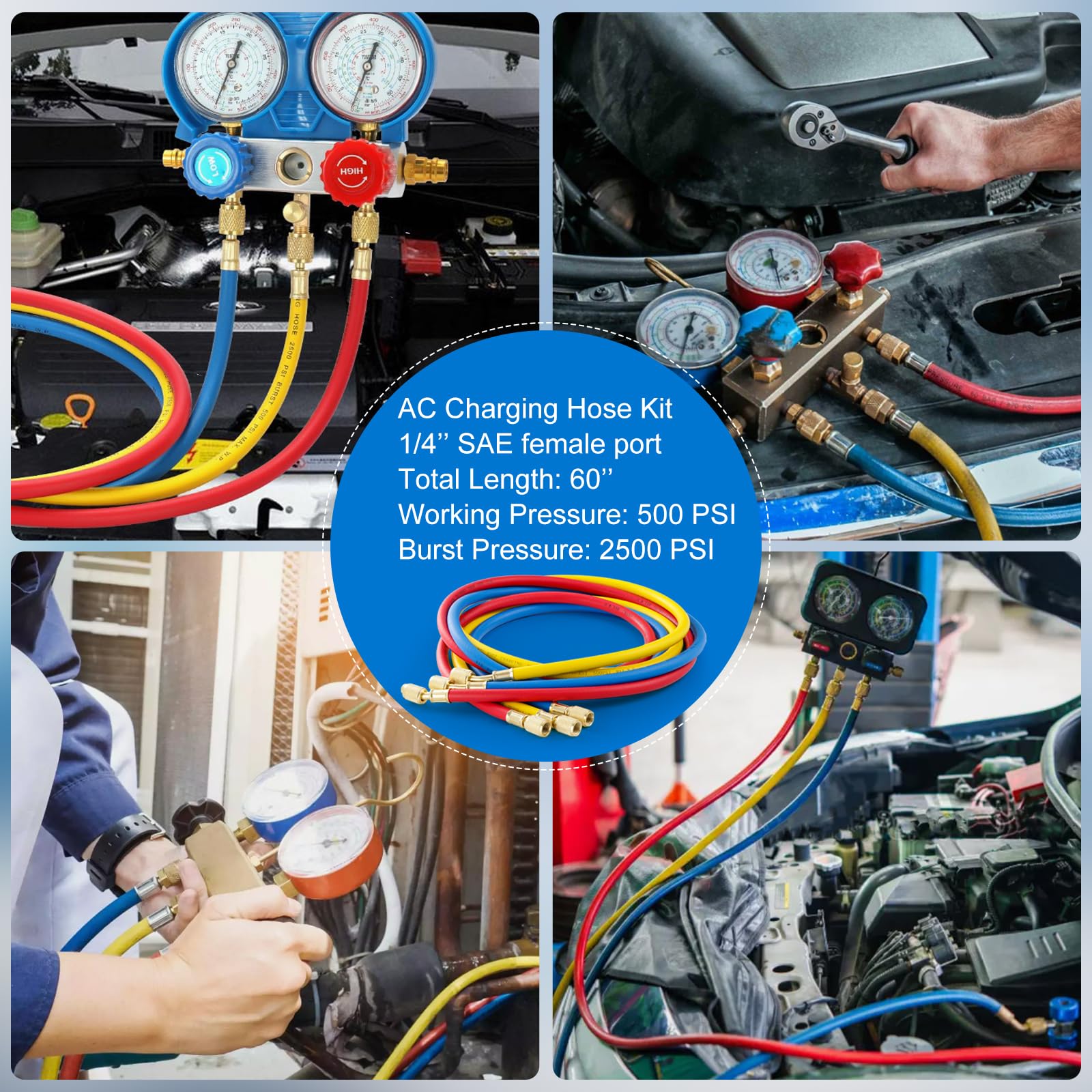 Kit de manguera de manómetro de CA de 3 piezas, mangueras de carga de refrigerante R410A 1/4 SAE, kit de manguera de manómetro de CA de 5 pies para manguera de carga de aire acondicionado