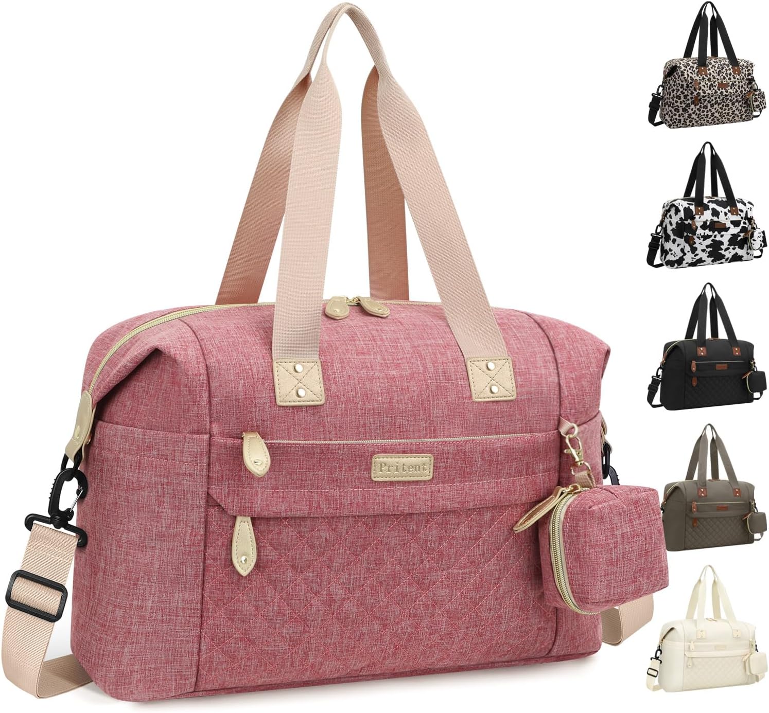 Pritent Diaper Tote, Baby Bags with Pacifier Case, Shoulder Straps, Stroller Clips, Waterproof Mommy Bag - Medium, Pink