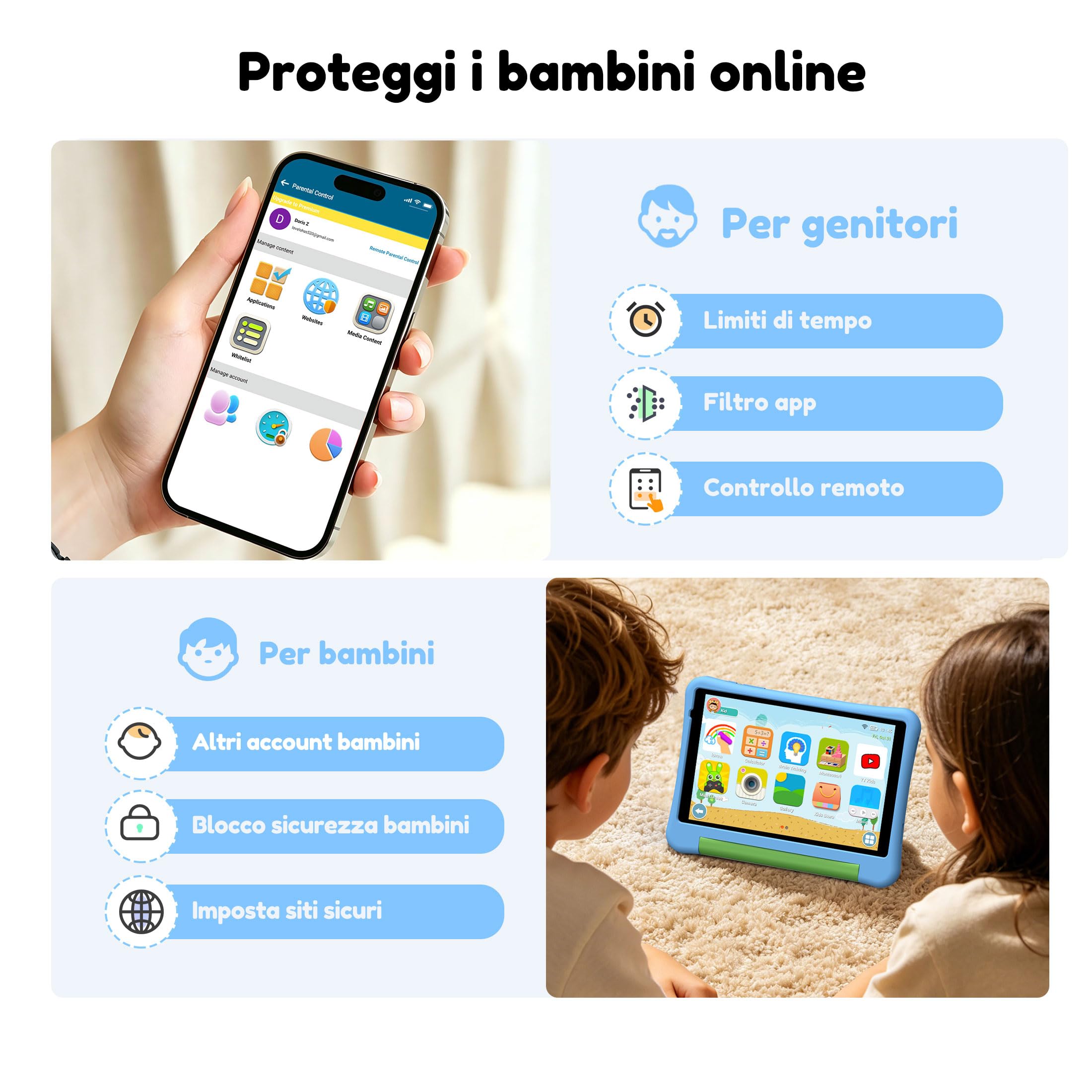 ALLDOCUBE Kido Tablet Per Bambini 8 Pollici, Android 15 Go, 32GB ROM, Blu | Controllo Parentale, iWaWa preinstallato, 512GB TF, Unisoc T310, 5000mAh, 2 Altoparlanti, Jack 3,5mm, Cover Anticaduta